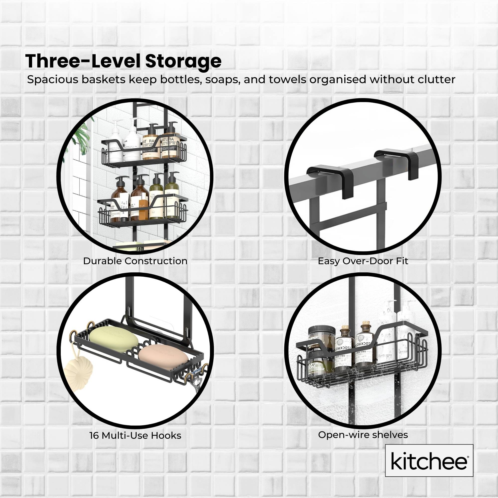 Kitchee 3 Tier Shower Caddy Over Door Bathroom Hanging Shelf Storage Rack Black V238-SUPDZ-41319004242000