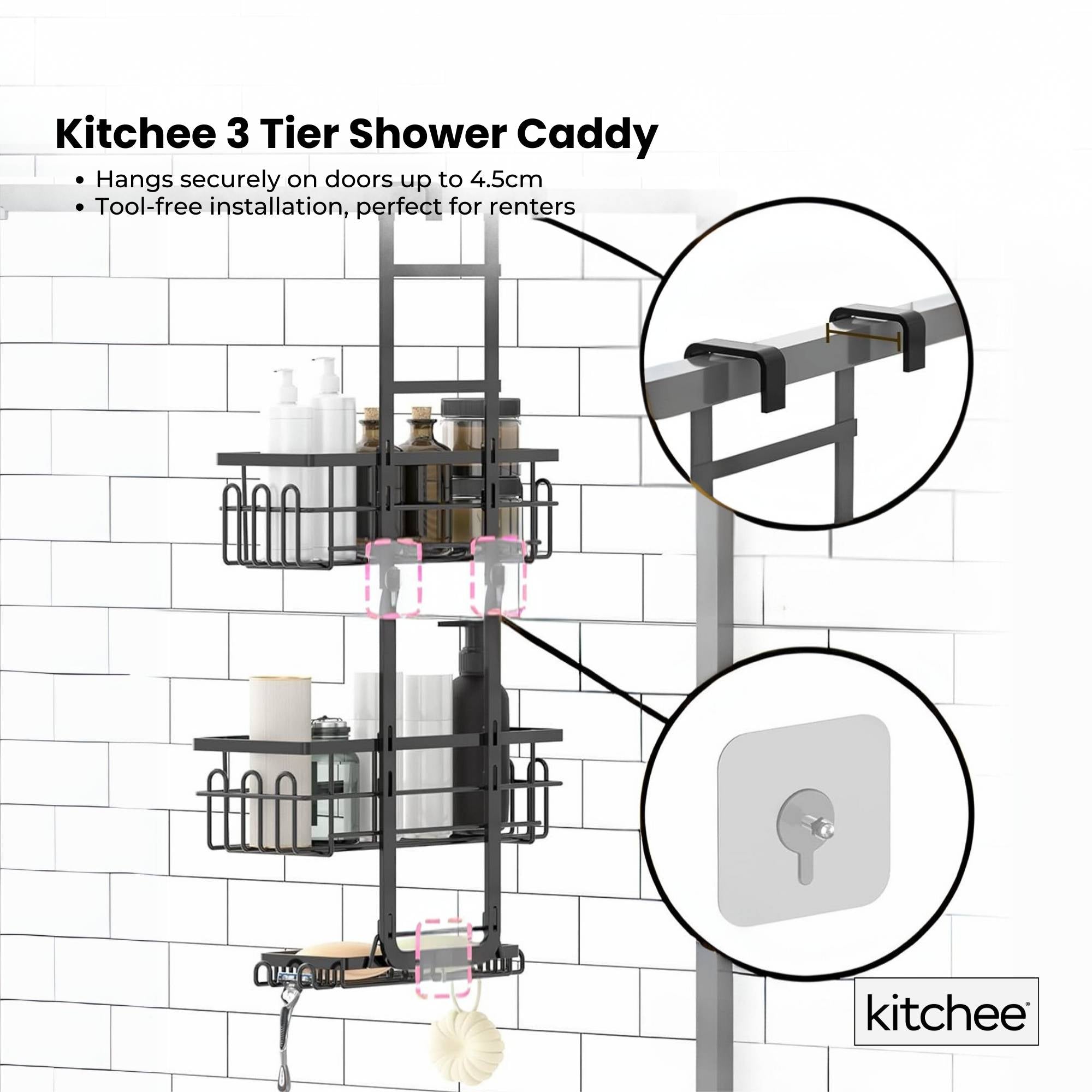 Kitchee 3 Tier Shower Caddy Over Door Bathroom Hanging Shelf Storage Rack Black V238-SUPDZ-41319004242000