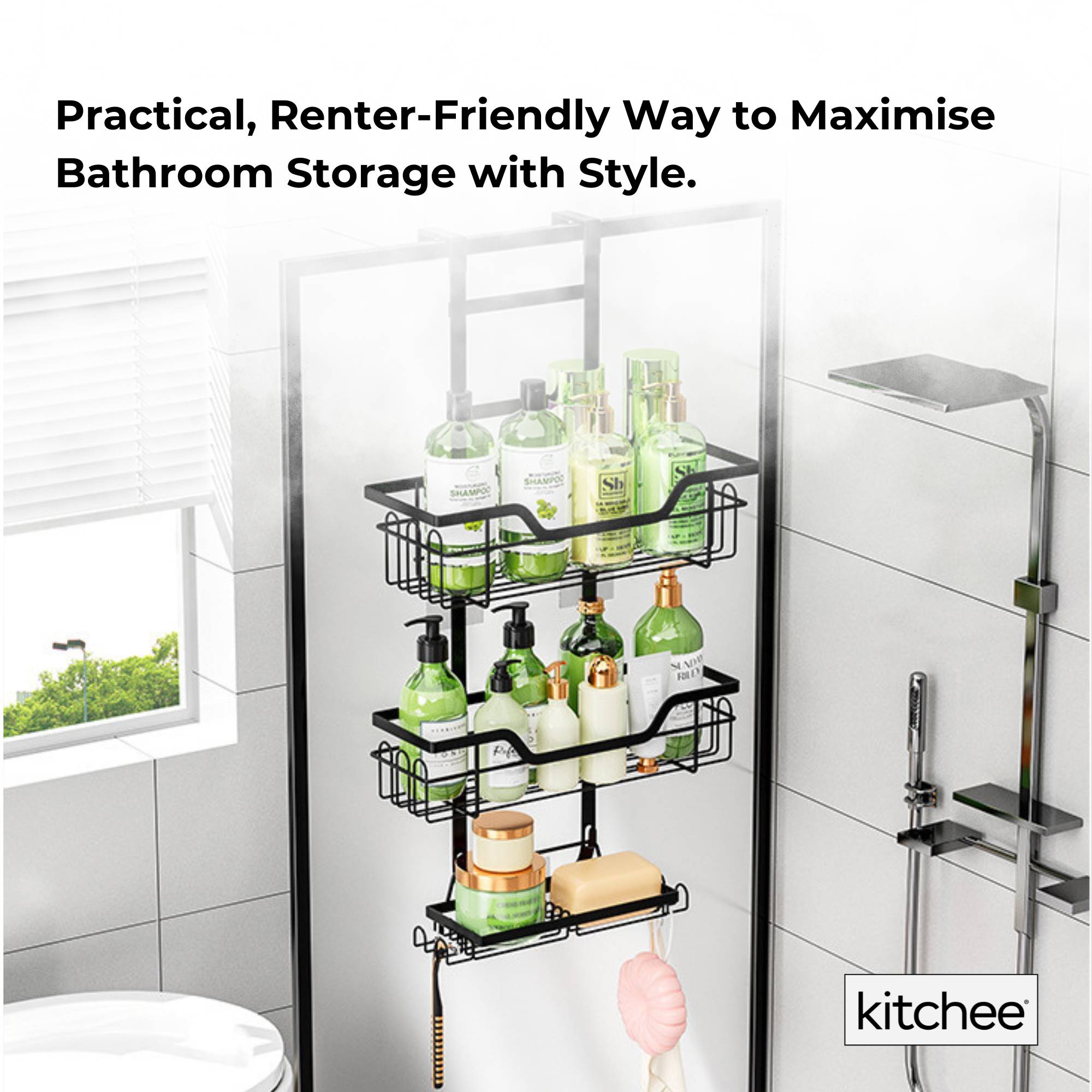 Kitchee 3 Tier Shower Caddy Over Door Bathroom Hanging Shelf Storage Rack Black V238-SUPDZ-41319004242000