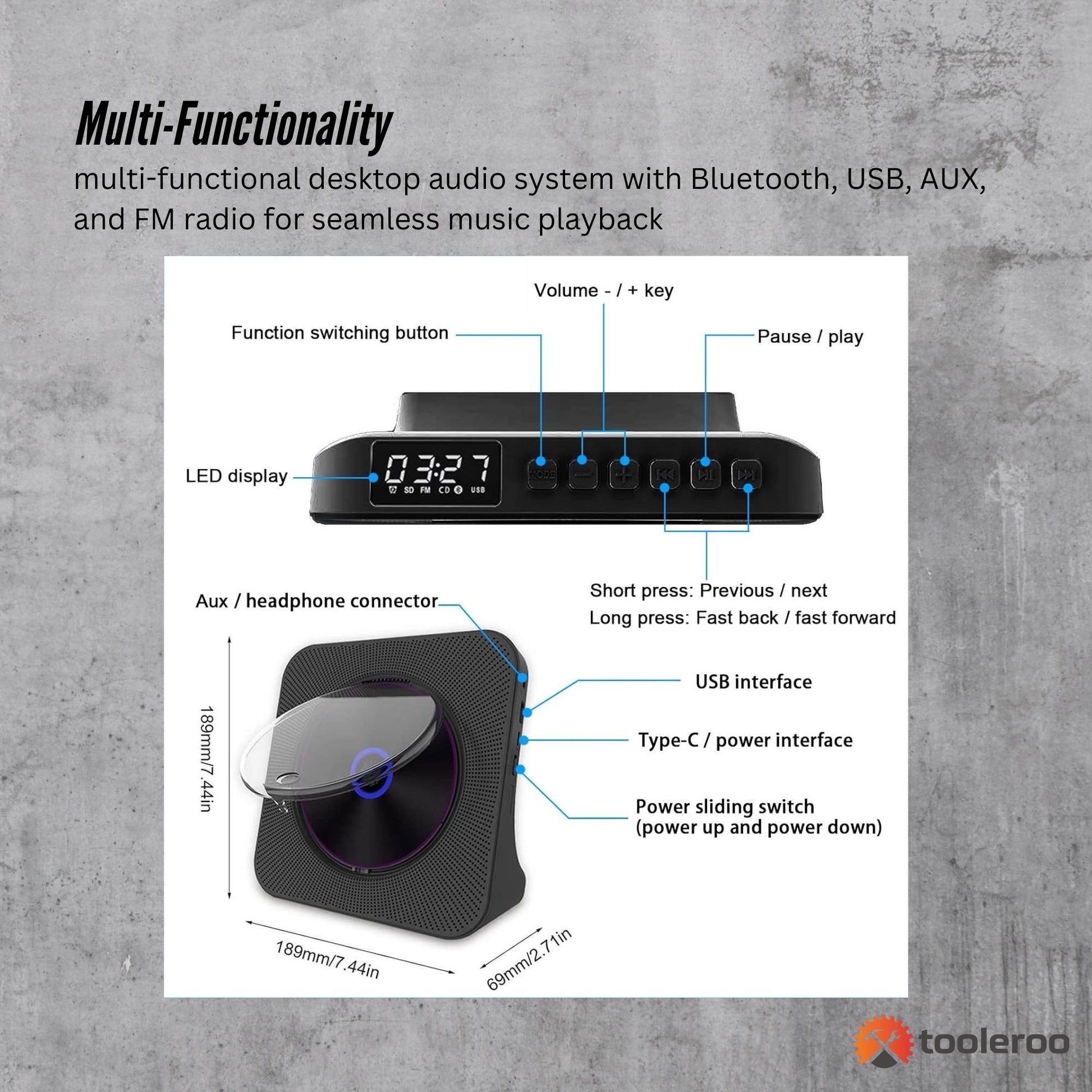 Tooleroo USB Rechargeable Desktop CD Player Speaker - Bluetooth Portable Black V238-SUPDZ-41319004274768