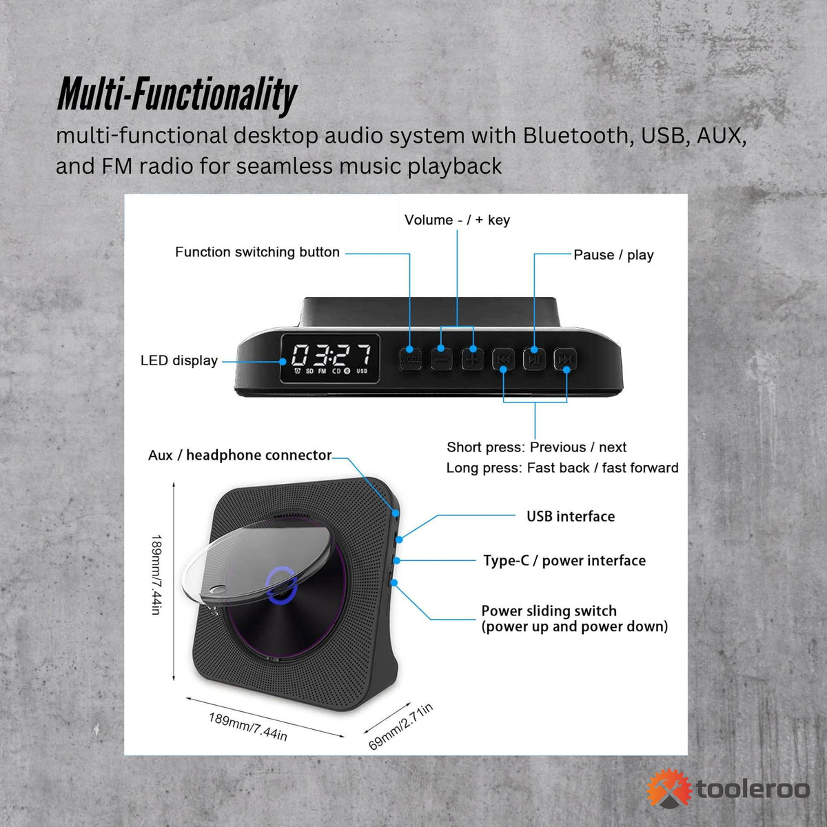 Tooleroo USB Rechargeable Desktop CD Player Speaker - Bluetooth Portable Black V238-SUPDZ-41319004274768
