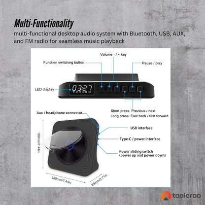 Tooleroo USB Rechargeable Desktop CD Player Speaker - Bluetooth Portable Black V238-SUPDZ-41319004274768