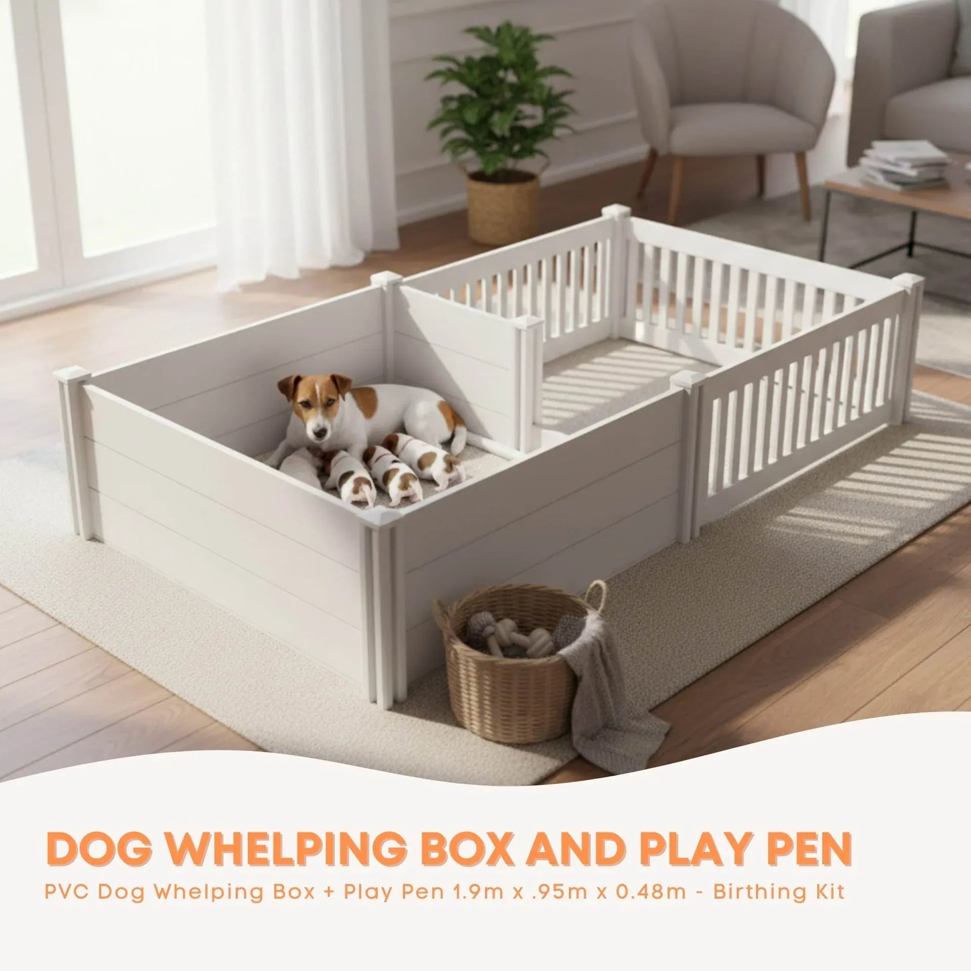 Rooster Farms 1.9m x 0.95m PVC Dog Whelping Box + Playpen Kit - Anti-Crush Rail V238-SUPDZ-41325231505488