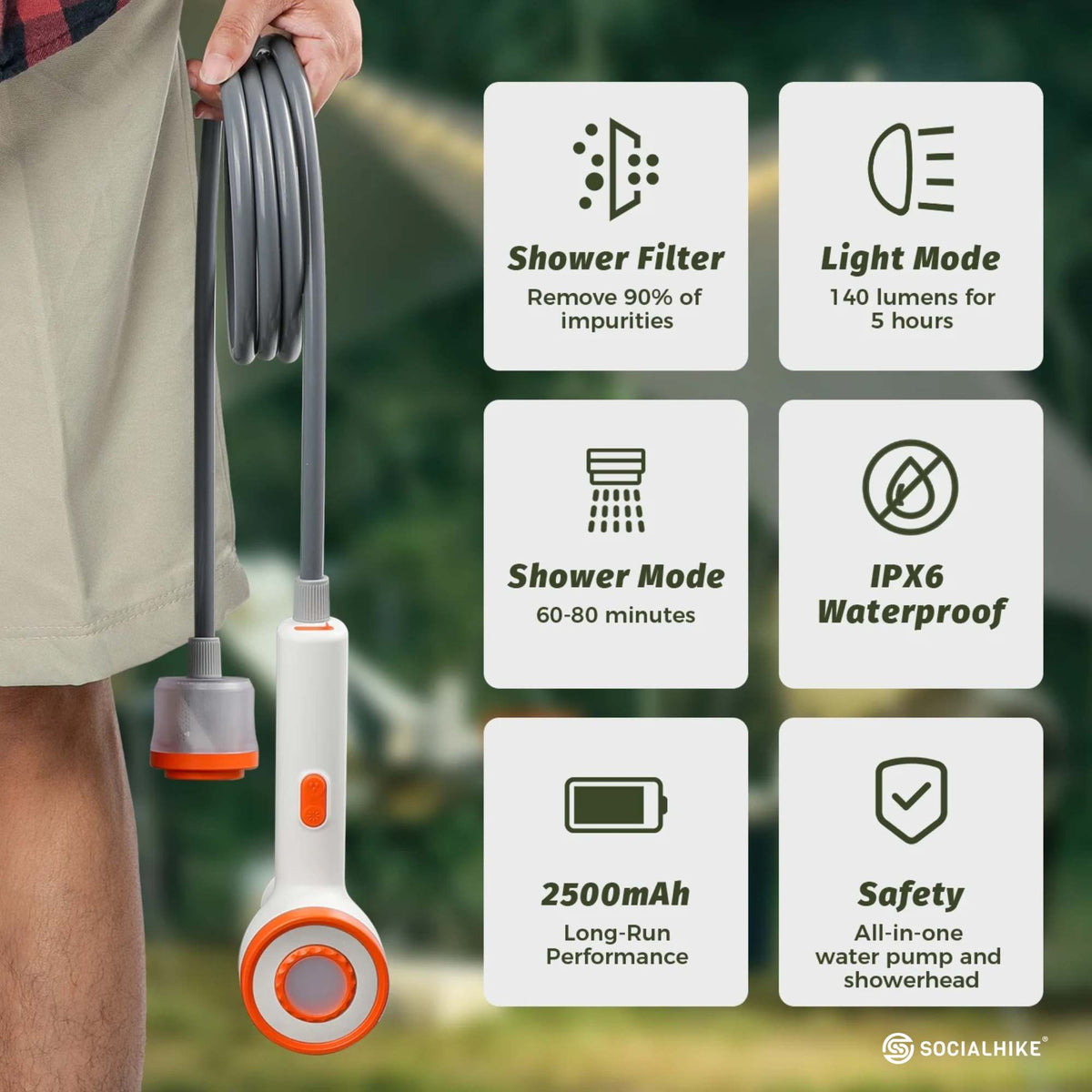 Social Hike Portable Camping Shower Head - Outdoor Rechargeable Pump LED Light V238-SUPDZ-41365023522896