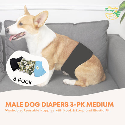 Rooster Farms Male Dog Diapers Medium 3Pk - Washable Reusable Nappies Hook/Loop V238-SUPDZ-41365724921936