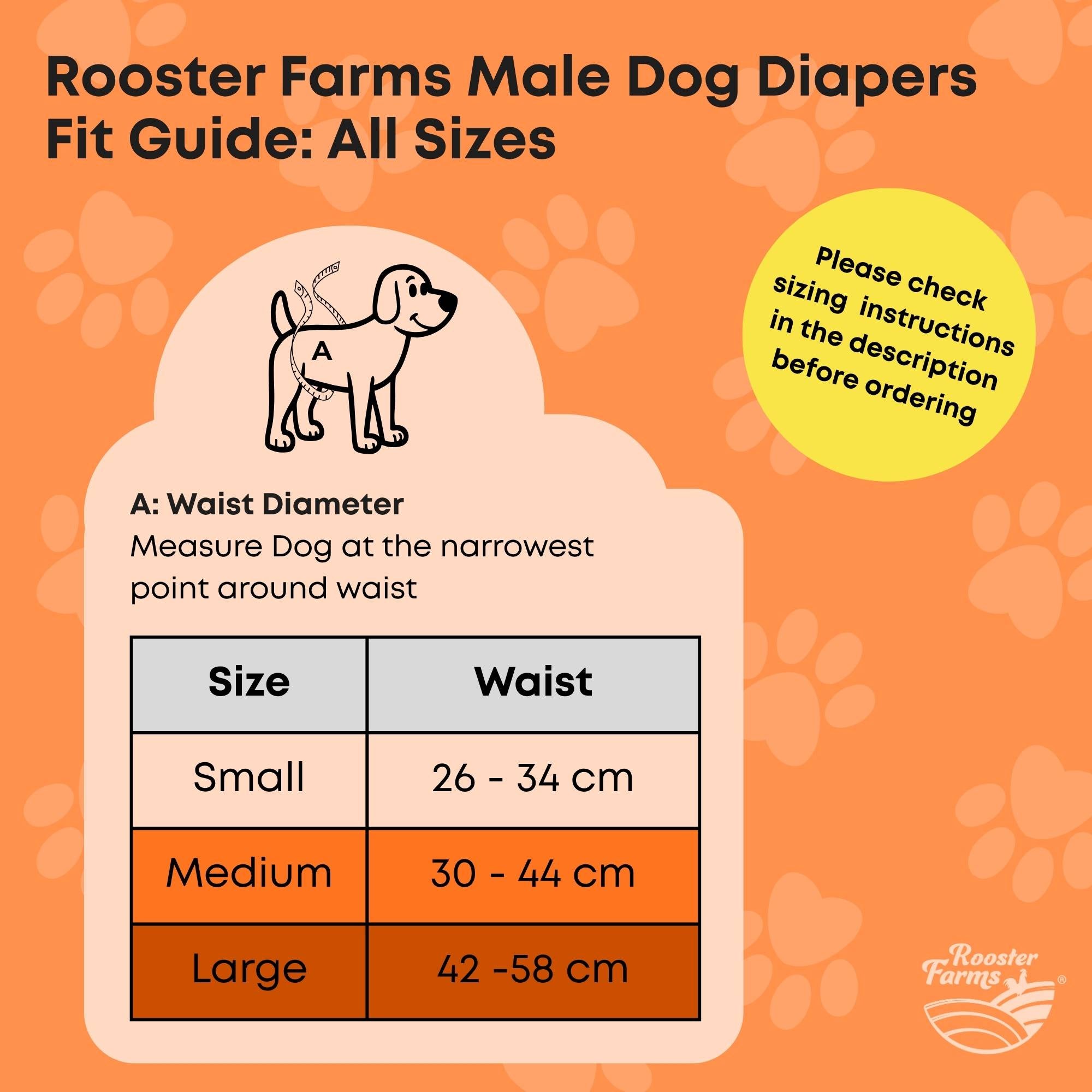 Rooster Farms Male Dog Diapers Large 3Pk - Washable Reusable Nappies Hook/Loop