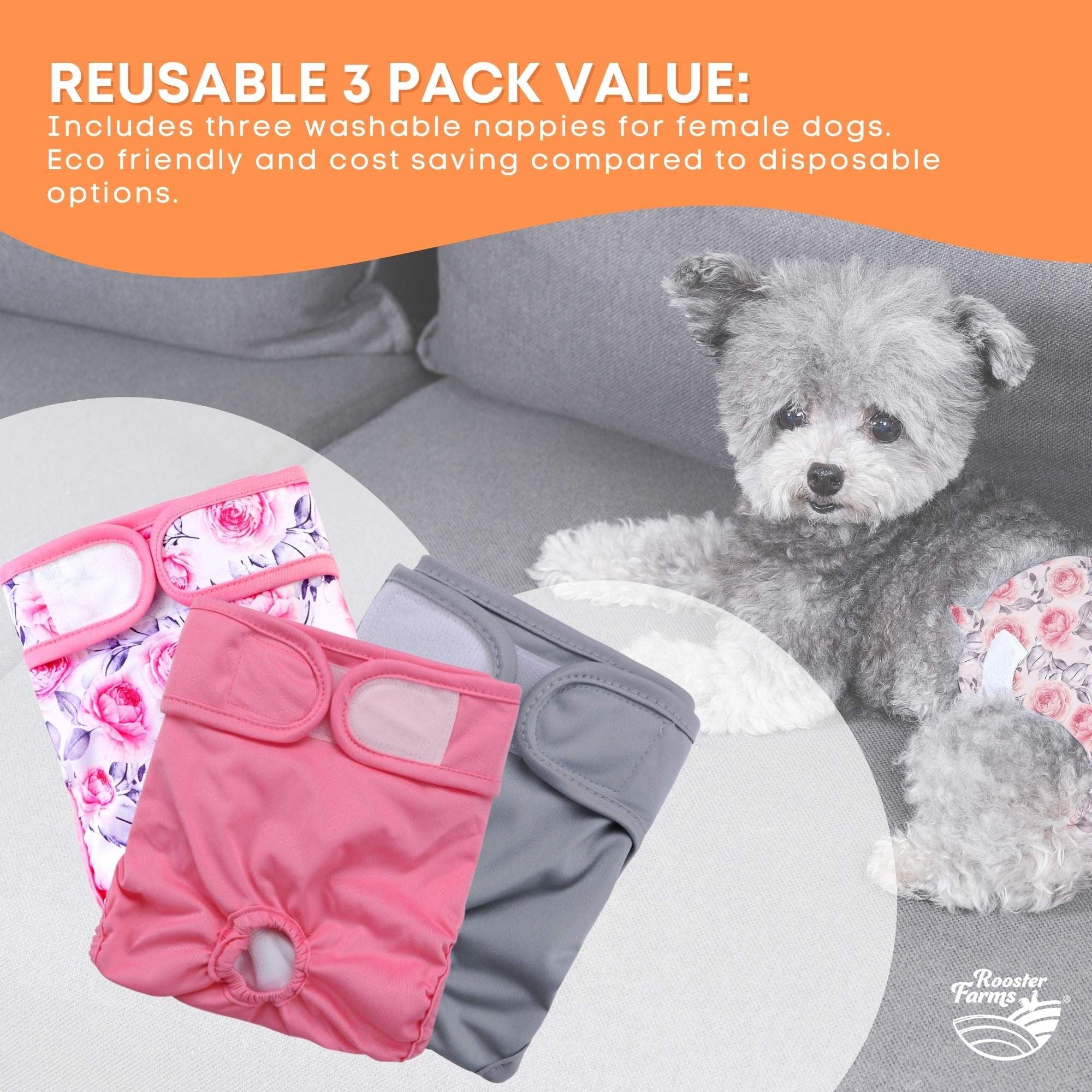 Rooster Farms Female Dog Diapers XSmall 3Pk - Washable Reusable Nappy Hook/Loop V238-SUPDZ-41365728067664