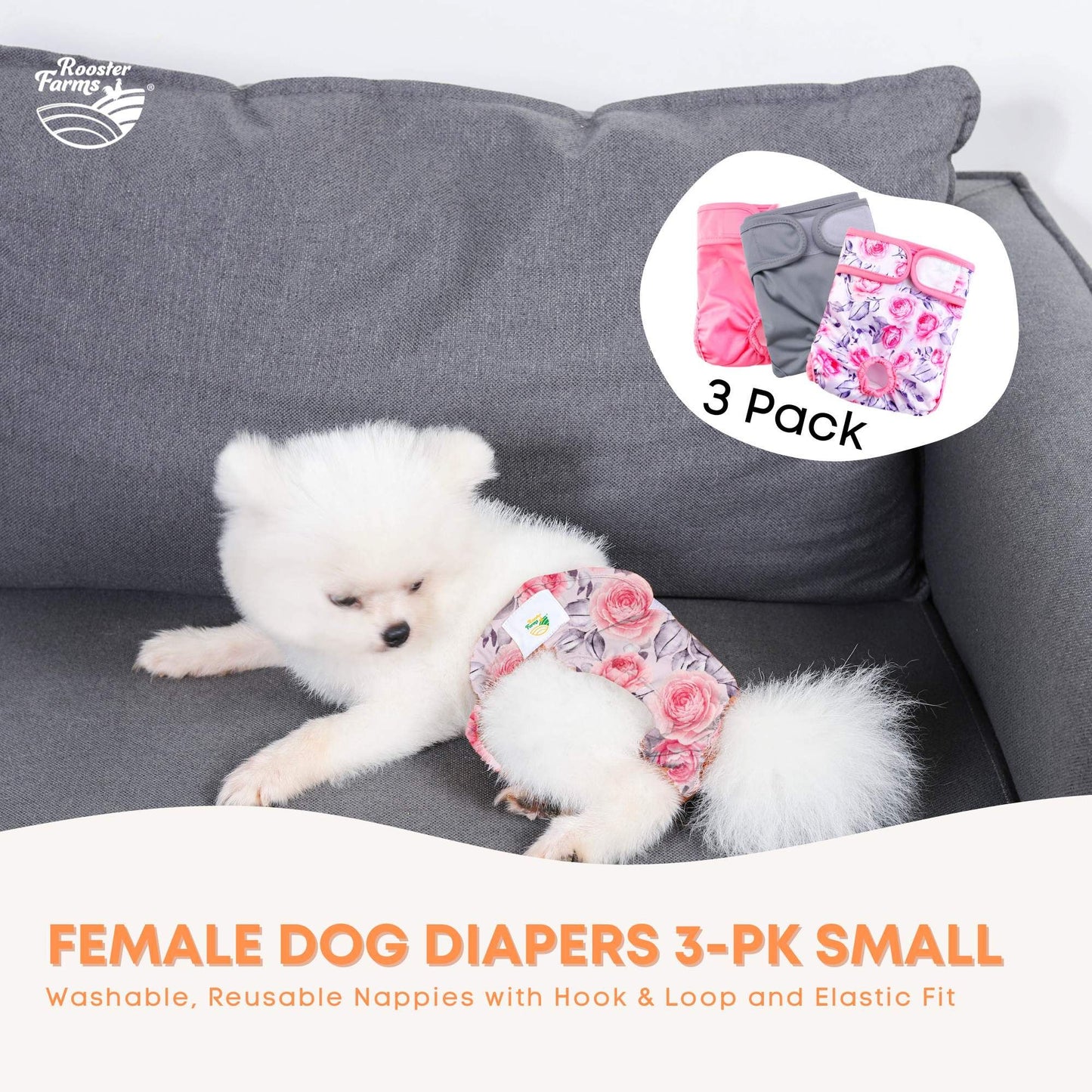 Rooster Farms Female Dog Diapers Small 3Pk - Washable Reusable Nappies Hook/Loop V238-SUPDZ-41365730230352