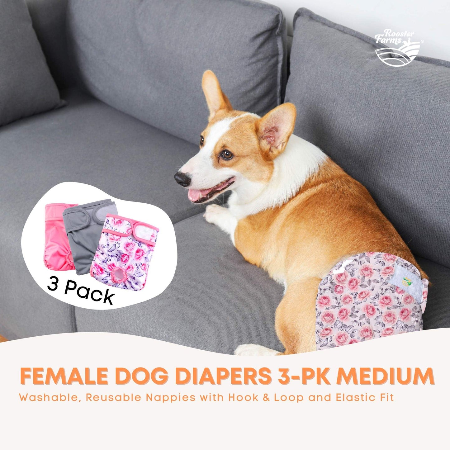 Rooster Farms Female Dog Diapers Medium 3Pk - Washable Reusable Nappy Hook/Loop V238-SUPDZ-41365730787408