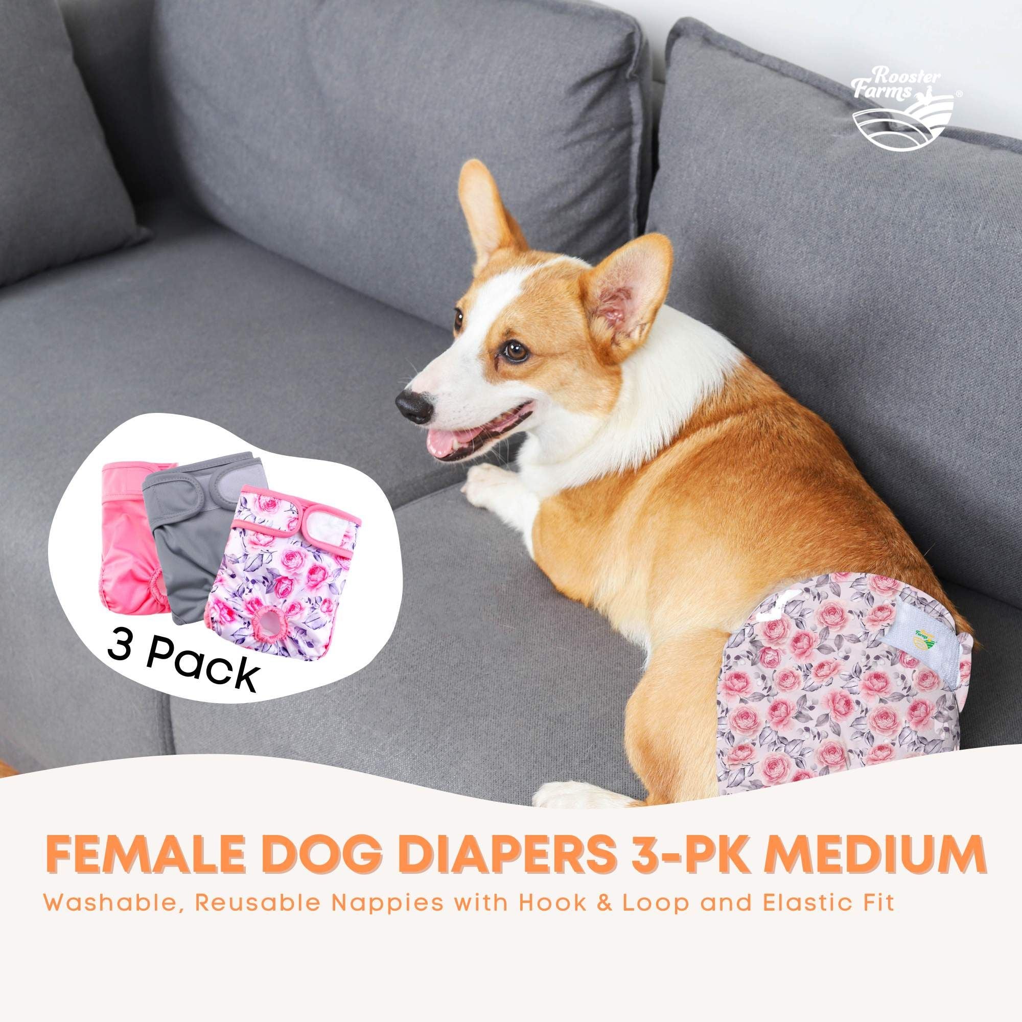 Rooster Farms Female Dog Diapers Medium 3Pk - Washable Reusable Nappy Hook/Loop V238-SUPDZ-41365730787408