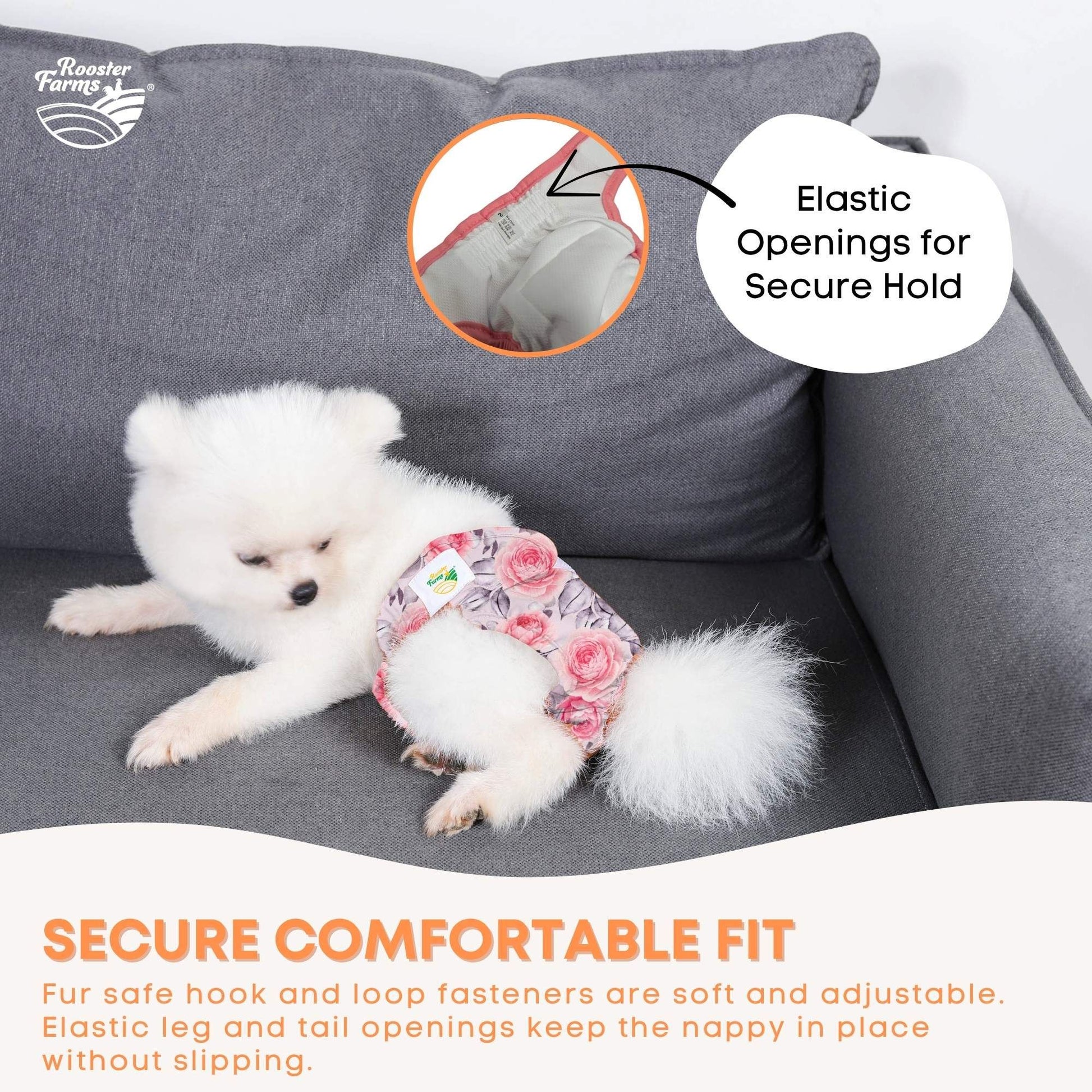 Rooster Farms Female Dog Diapers Medium 3Pk - Washable Reusable Nappy Hook/Loop V238-SUPDZ-41365730787408