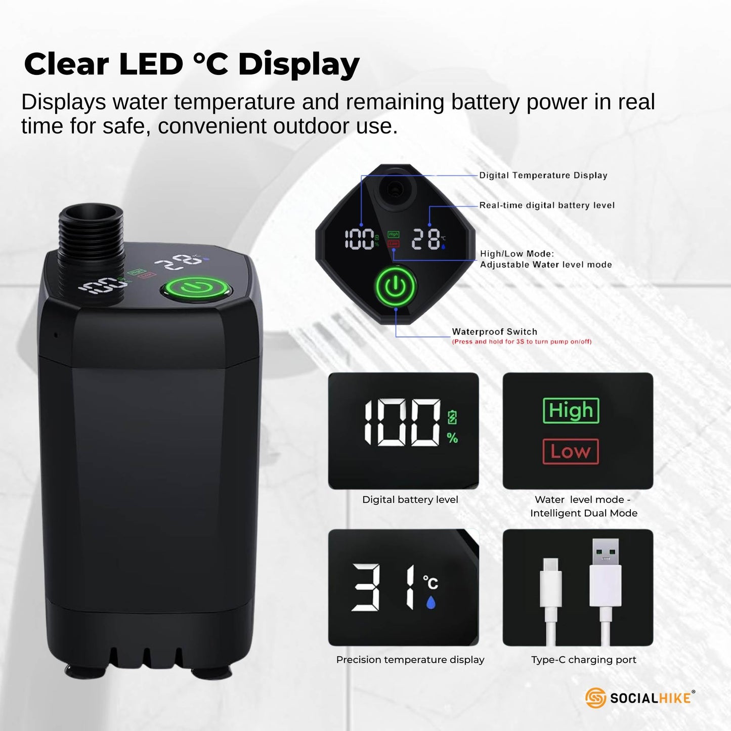 Social Hike Portable Camping Shower Kit - 6000MAh Outdoor Rechargeable Pump LED V238-SUPDZ-41370003538000