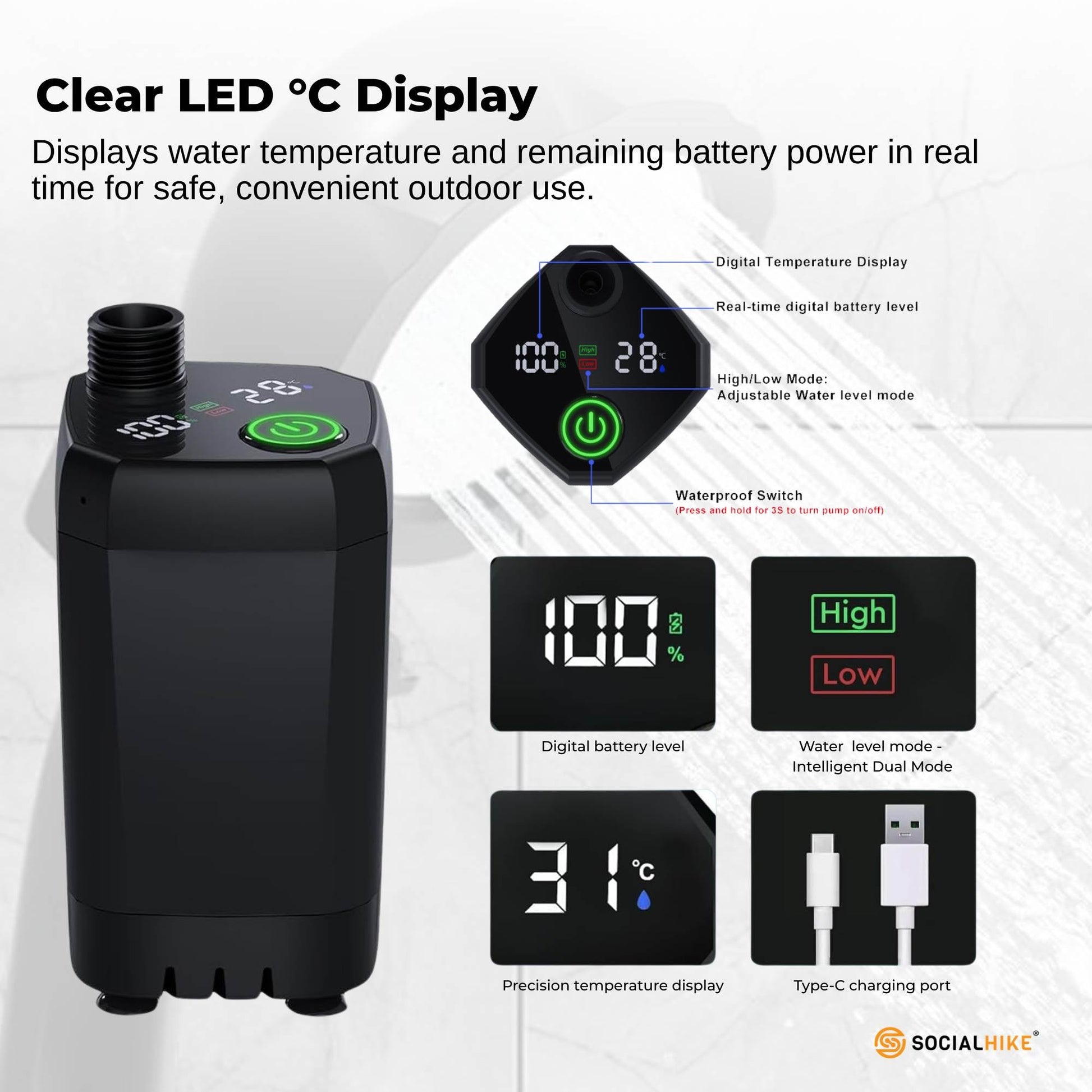Social Hike Portable Camping Shower Kit - 6000MAh Outdoor Rechargeable Pump LED V238-SUPDZ-41370003538000