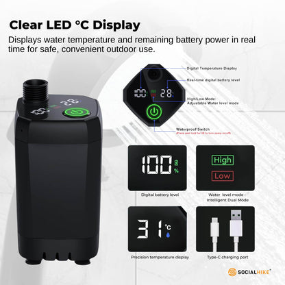 Social Hike Portable Camping Shower Kit - 6000MAh Outdoor Rechargeable Pump LED V238-SUPDZ-41370003538000