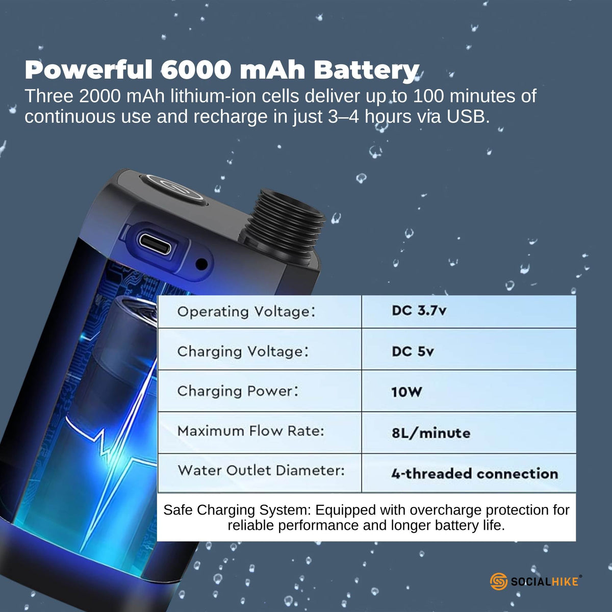 Social Hike Portable Camping Shower Kit - 6000MAh Outdoor Rechargeable Pump LED V238-SUPDZ-41370003538000