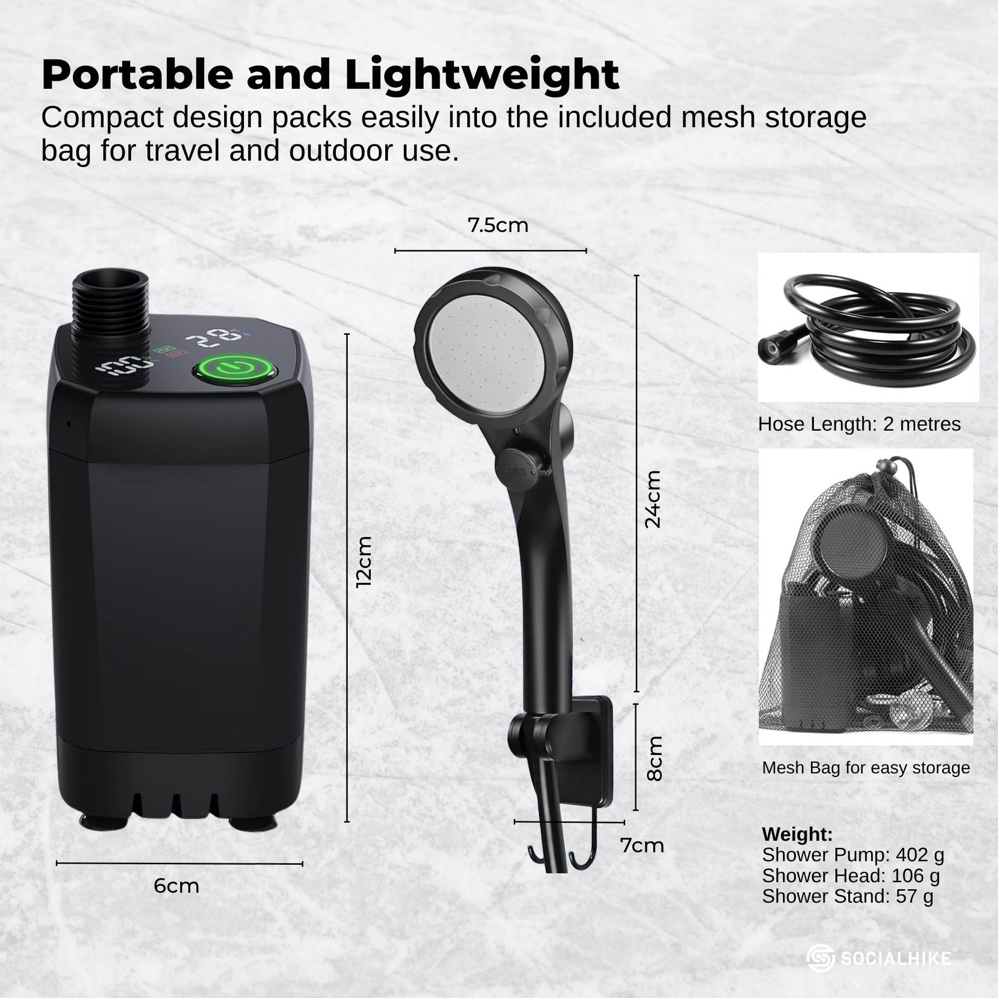 Social Hike Portable Camping Shower Kit - 6000MAh Outdoor Rechargeable Pump LED V238-SUPDZ-41370003538000