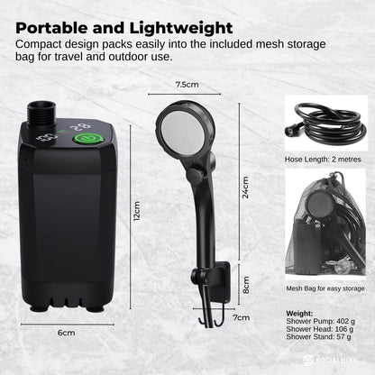 Social Hike Portable Camping Shower Kit - 6000MAh Outdoor Rechargeable Pump LED V238-SUPDZ-41370003538000