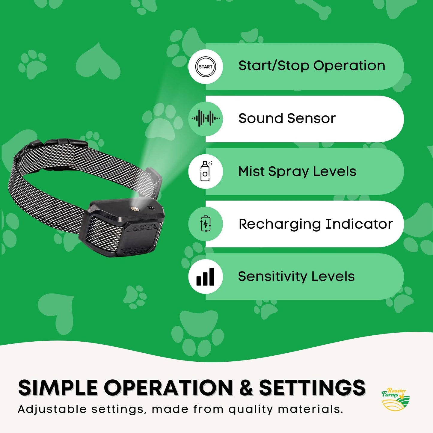 Rooster Farms Dog Bark Training Collar Citronella + Sound Rechargeable Automatic V238-SUPDZ-41383170736208