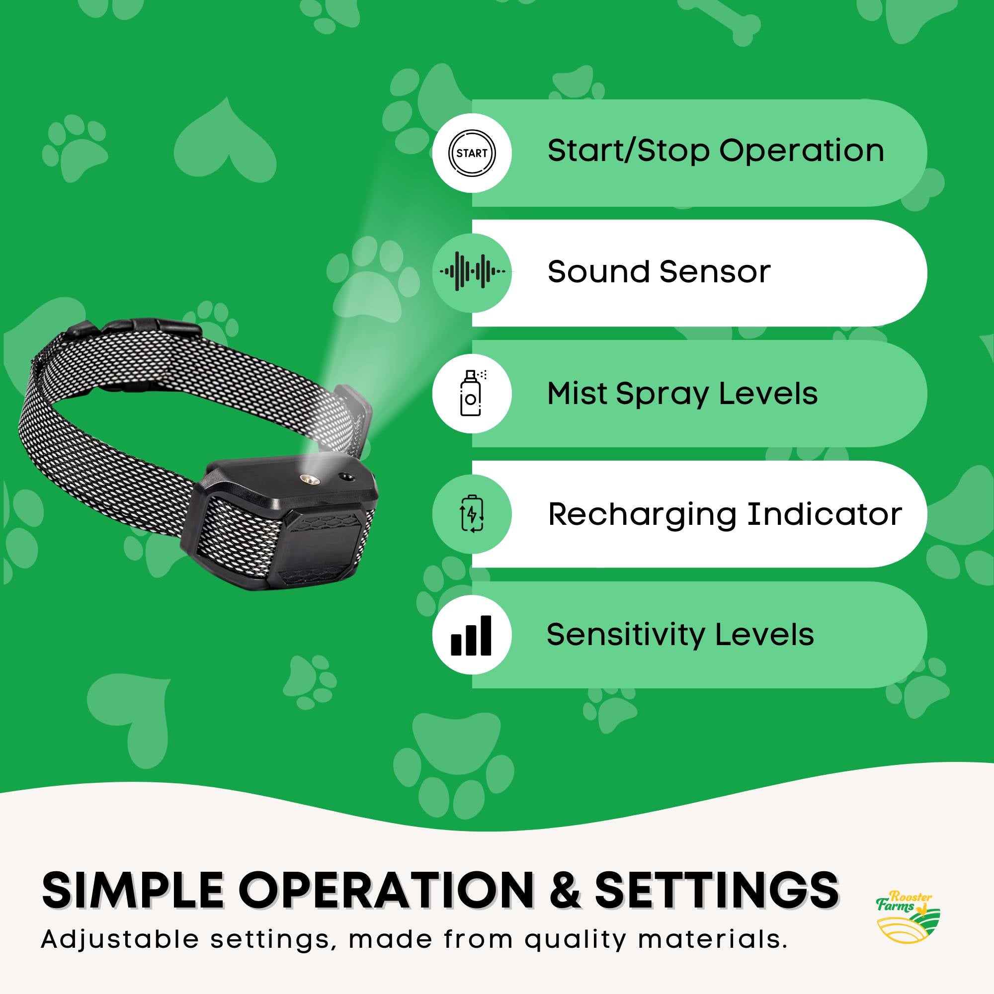 Rooster Farms Dog Bark Training Collar Citronella + Sound Rechargeable Automatic V238-SUPDZ-41383170736208