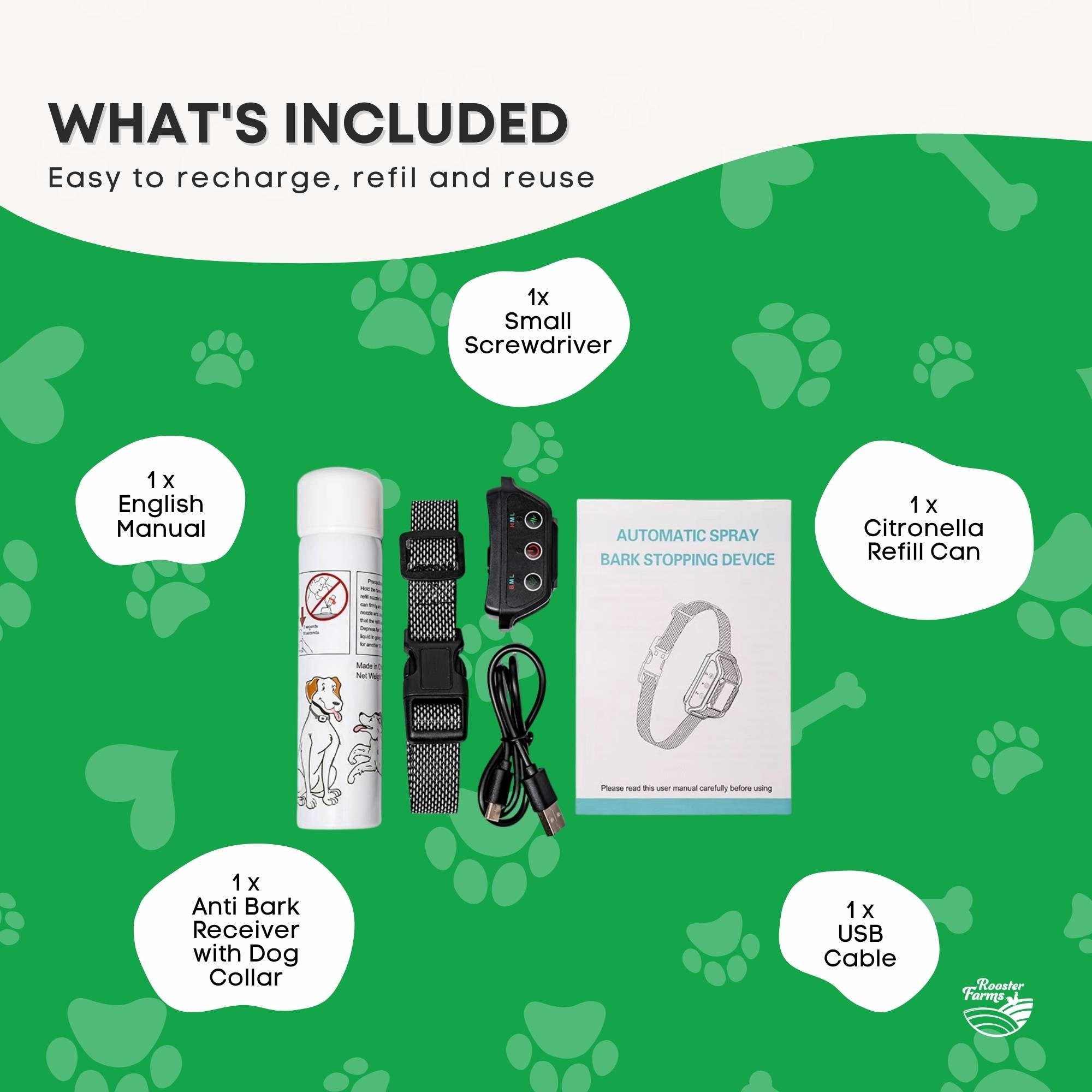Rooster Farms Dog Bark Training Collar Citronella + Sound Rechargeable Automatic V238-SUPDZ-41383170736208