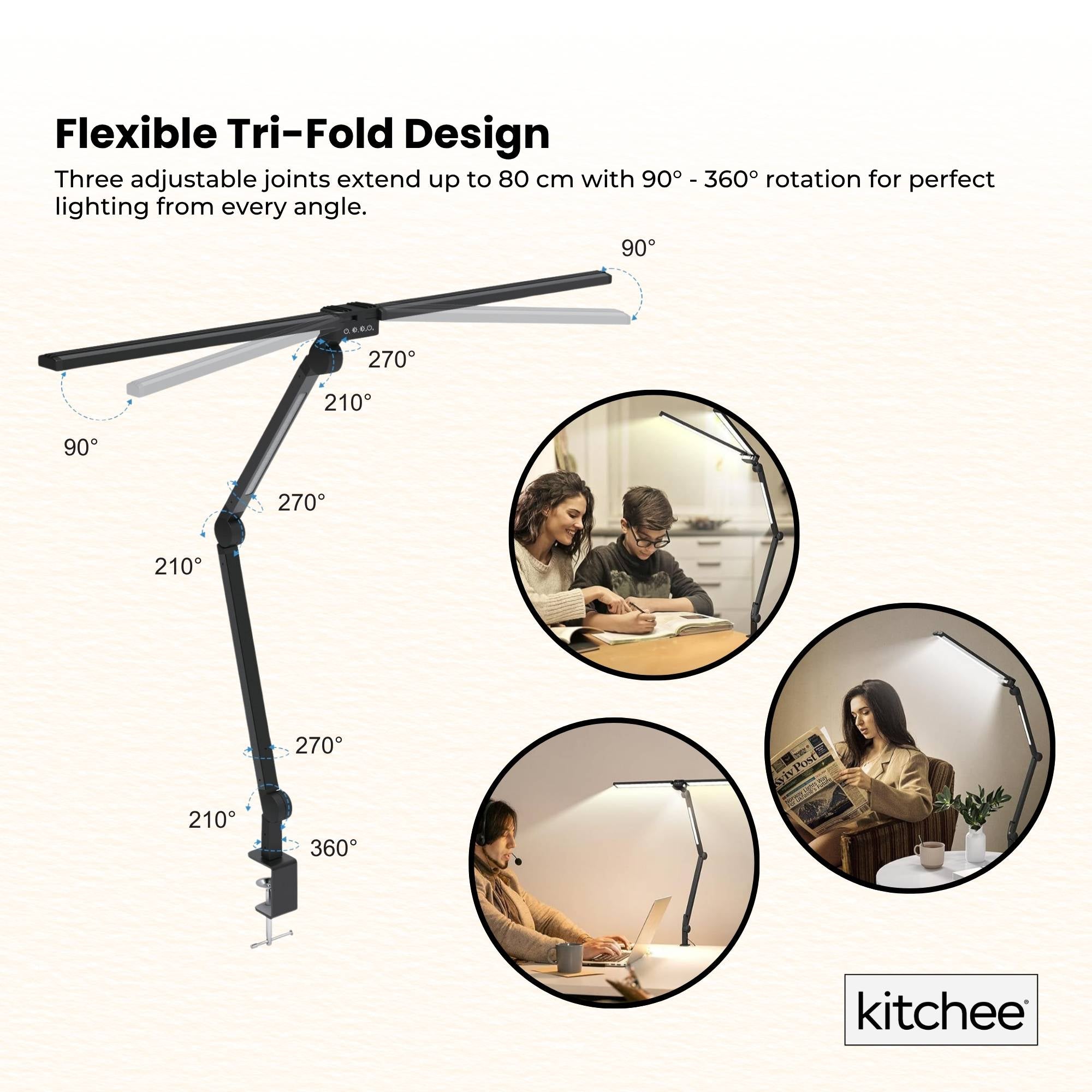 Kitchee Tri-Fold LED Desk Lamp with Clamp - Swinging Arm Eye-Care Dimmable Light V238-SUPDZ-41418088710224