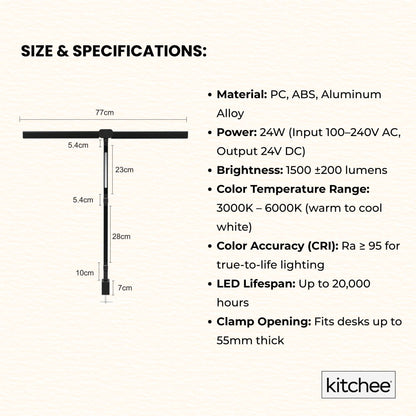Kitchee Tri-Fold LED Desk Lamp with Clamp - Swinging Arm Eye-Care Dimmable Light V238-SUPDZ-41418088710224