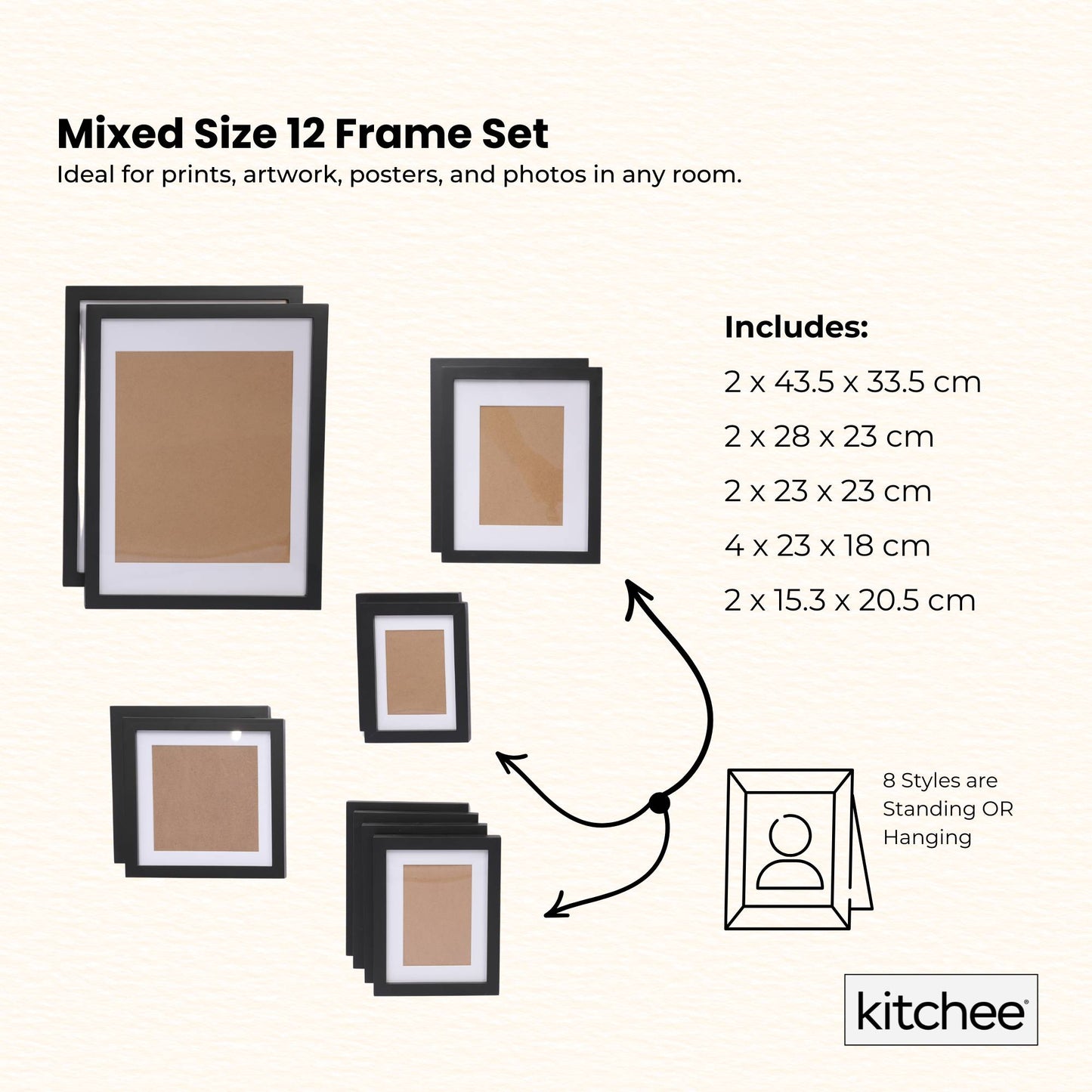 Kitchee 12 Pieces Photo Frame Set - Modern Gallery Wall Mixed Sizes Matt Black V238-SUPDZ-41889230225488