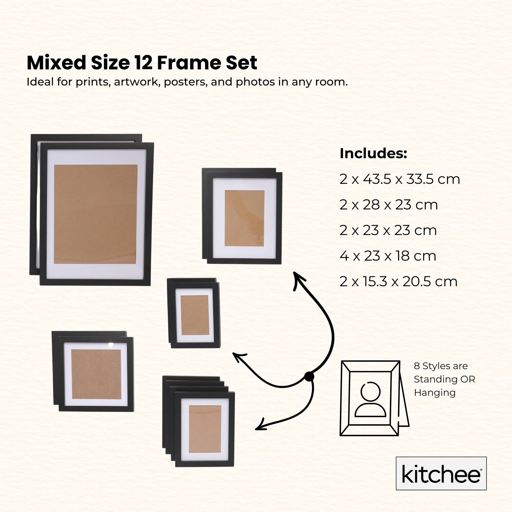 Kitchee 12 Pieces Photo Frame Set - Modern Gallery Wall Mixed Sizes Matt Black V238-SUPDZ-41889230225488