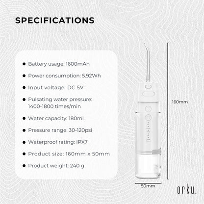 Orku Mini Water Flosser Rechargeable Portable Extendable Travel Oral Irrigator White V238-SUPDZ-41902440415312