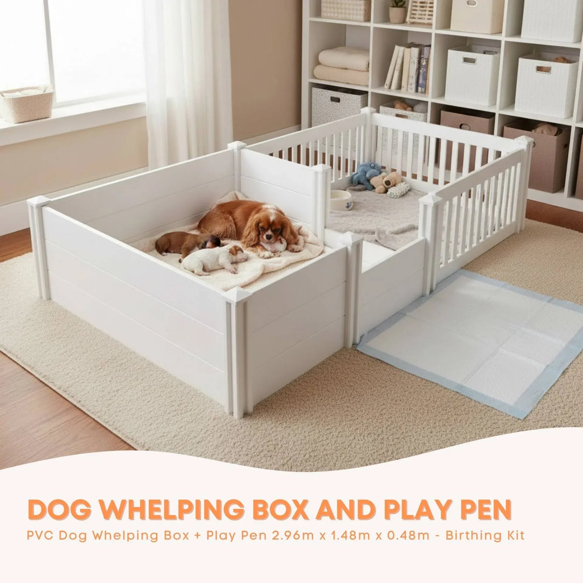 Rooster Farms 2.96m x 1.48m PVC Dog Whelping Box + Playpen Kit - Anti-Crush Rail V238-SUPDZ-41965153124432