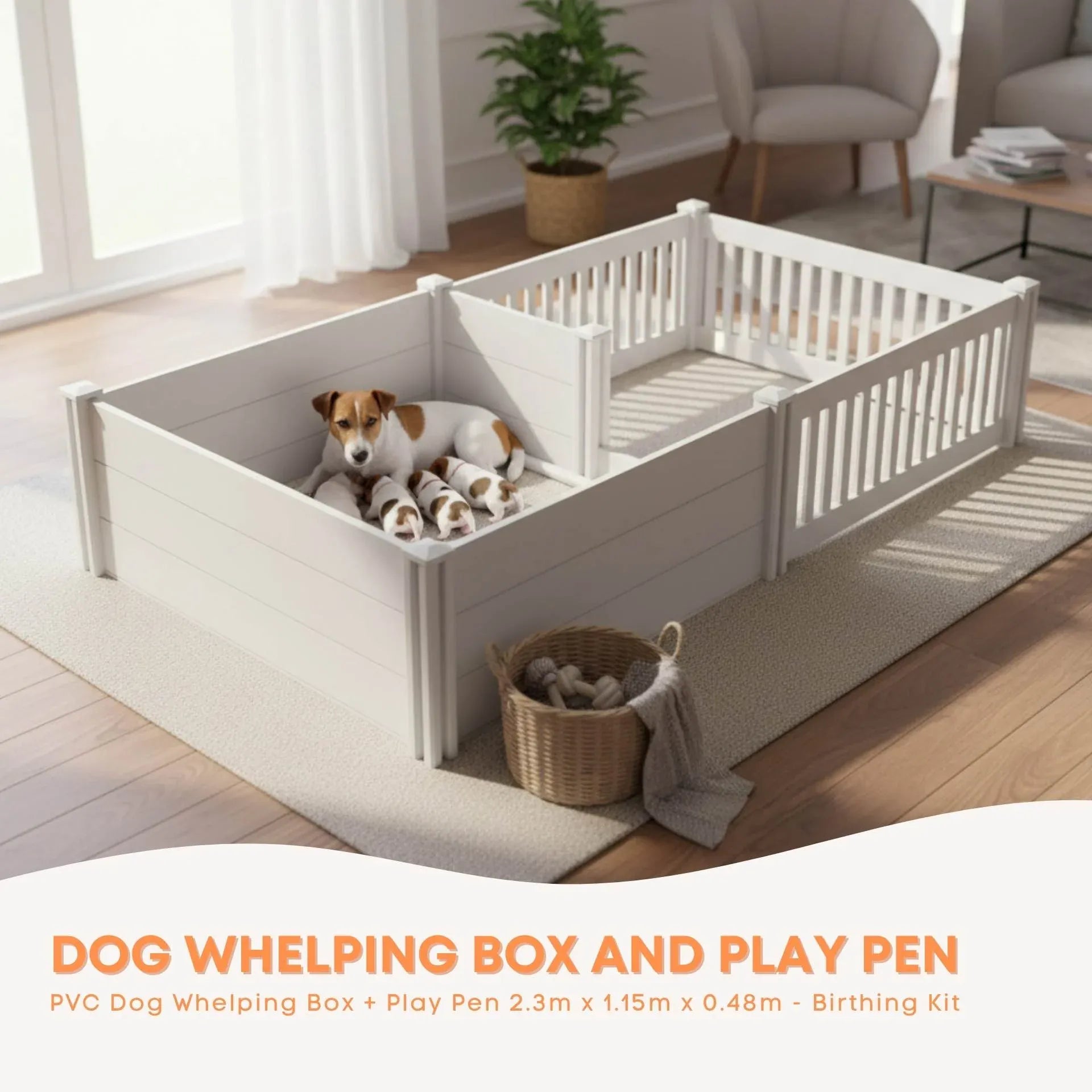 Rooster Farms 2.3m x 1.15m PVC Dog Whelping Box + Playpen Kit - Anti-Crush Rail V238-SUPDZ-41965159710800