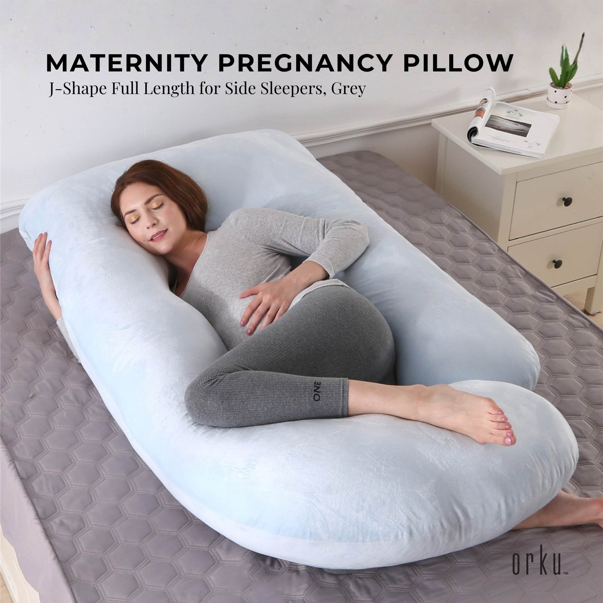 Orku Maternity Pregnancy Pillow - J-Shape Full Body Length for Side Sleeper Grey V238-SUPDZ-41983218090064