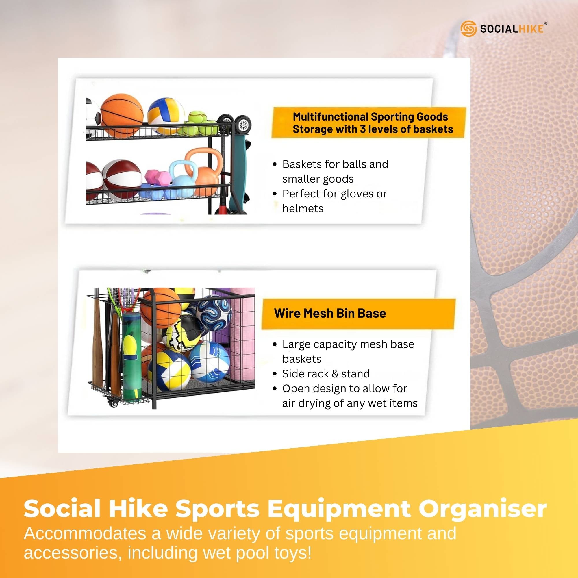 Social Hike Sports Equipment Storage Organiser with Side Rack Garage Trolley V238-SUPDZ-41988635328592