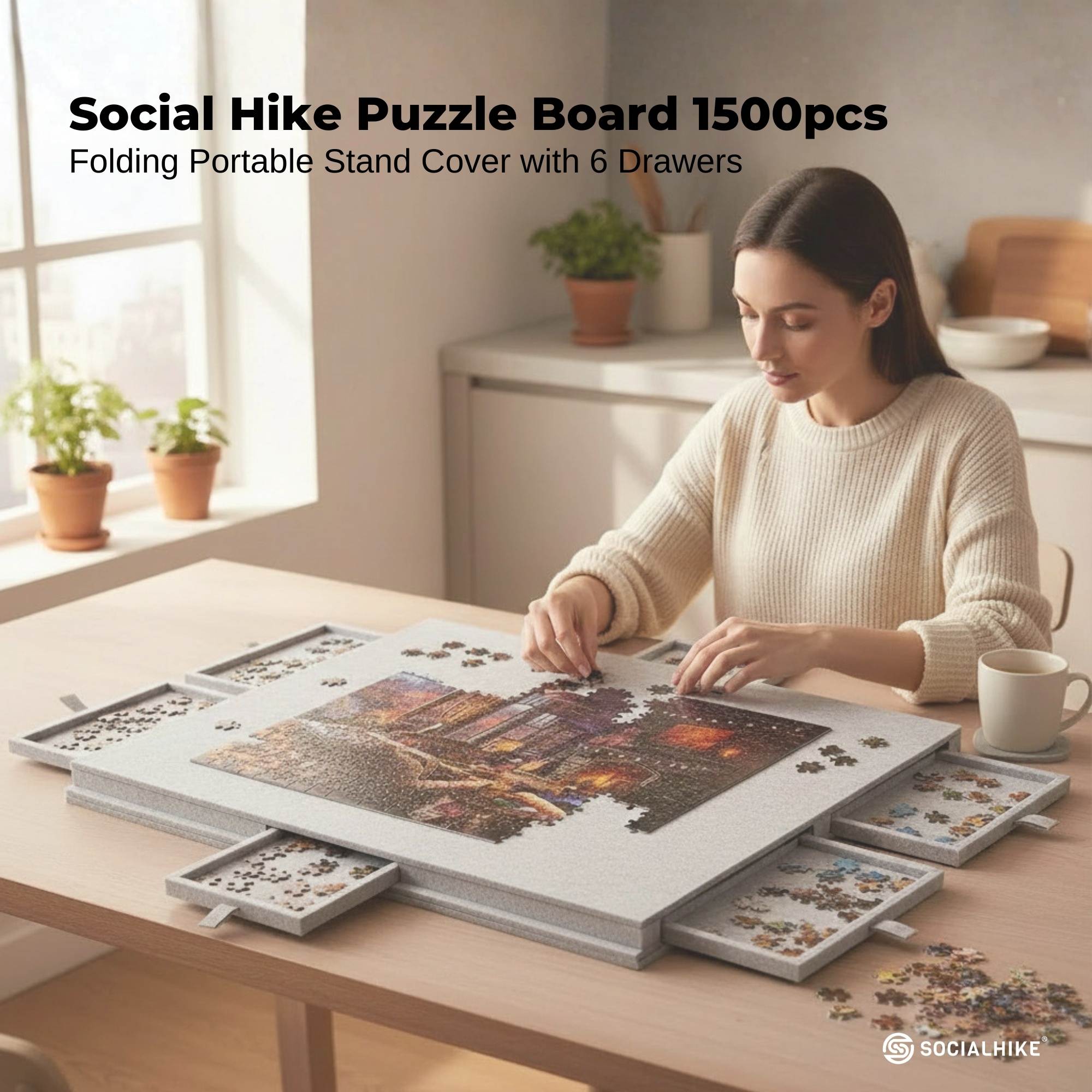 Social Hike Puzzle Board 1500 pcs - Felt Tilting Portable Cover + Drawers Silver V238-SUPDZ-42097742381136