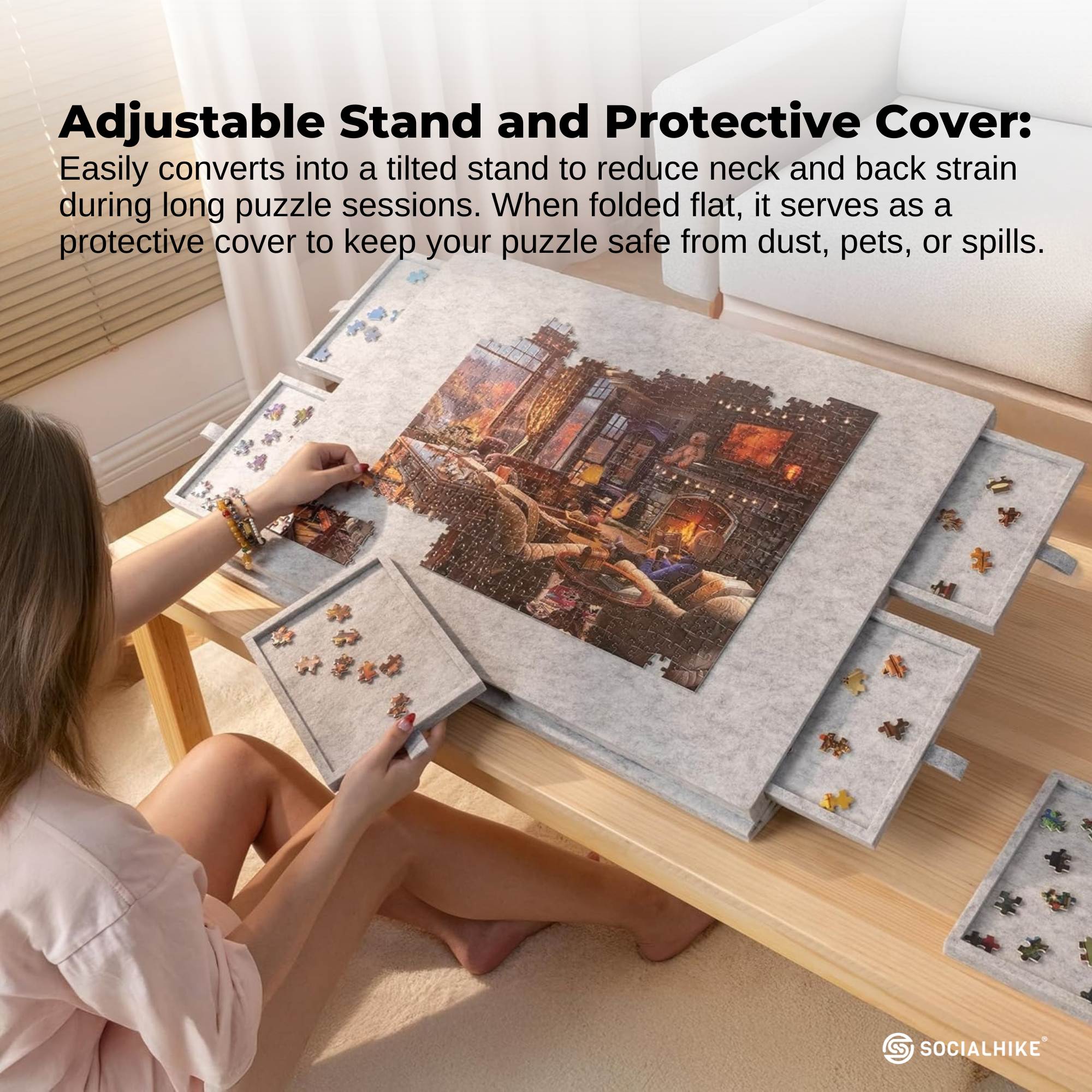 Social Hike Puzzle Board 1500 pcs - Felt Tilting Portable Cover + Drawers Silver V238-SUPDZ-42097742381136