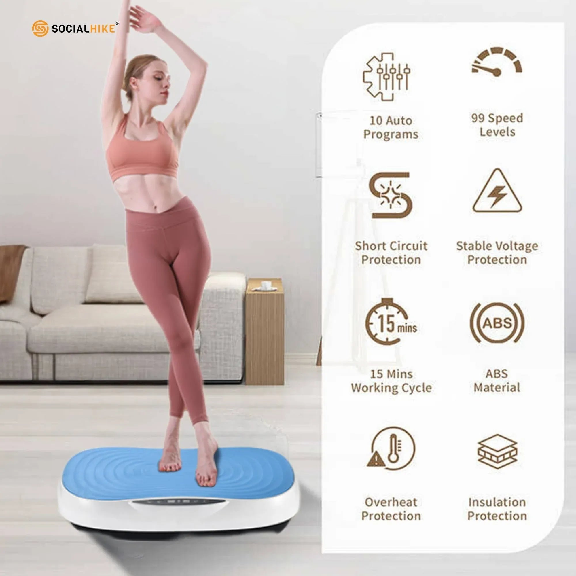 Social Hike 55cm Vibration Plate Machine Full Body Exercise Platform 200W Blue V238-SUPDZ-42099406569552