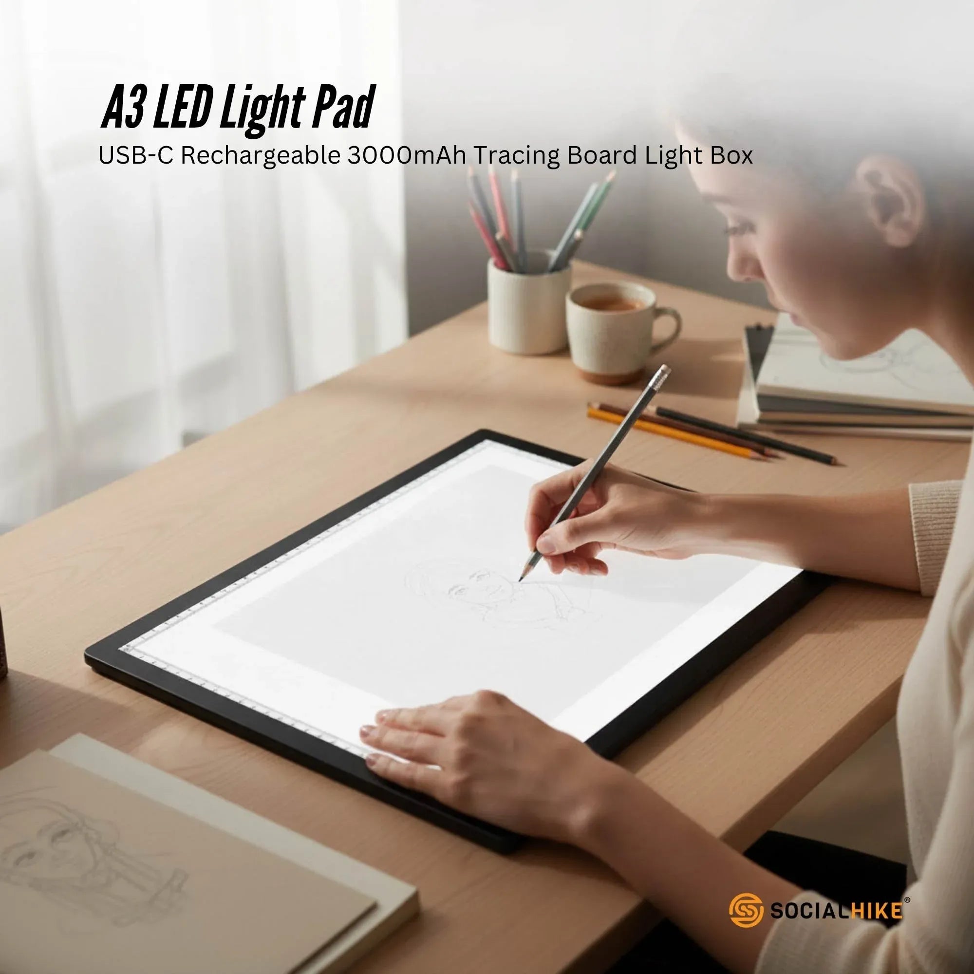 Social Hike A3 LED Light Pad Tracing Board Rechargeable USB-C 3000mAh Light Box V238-SUPDZ-42208921518160