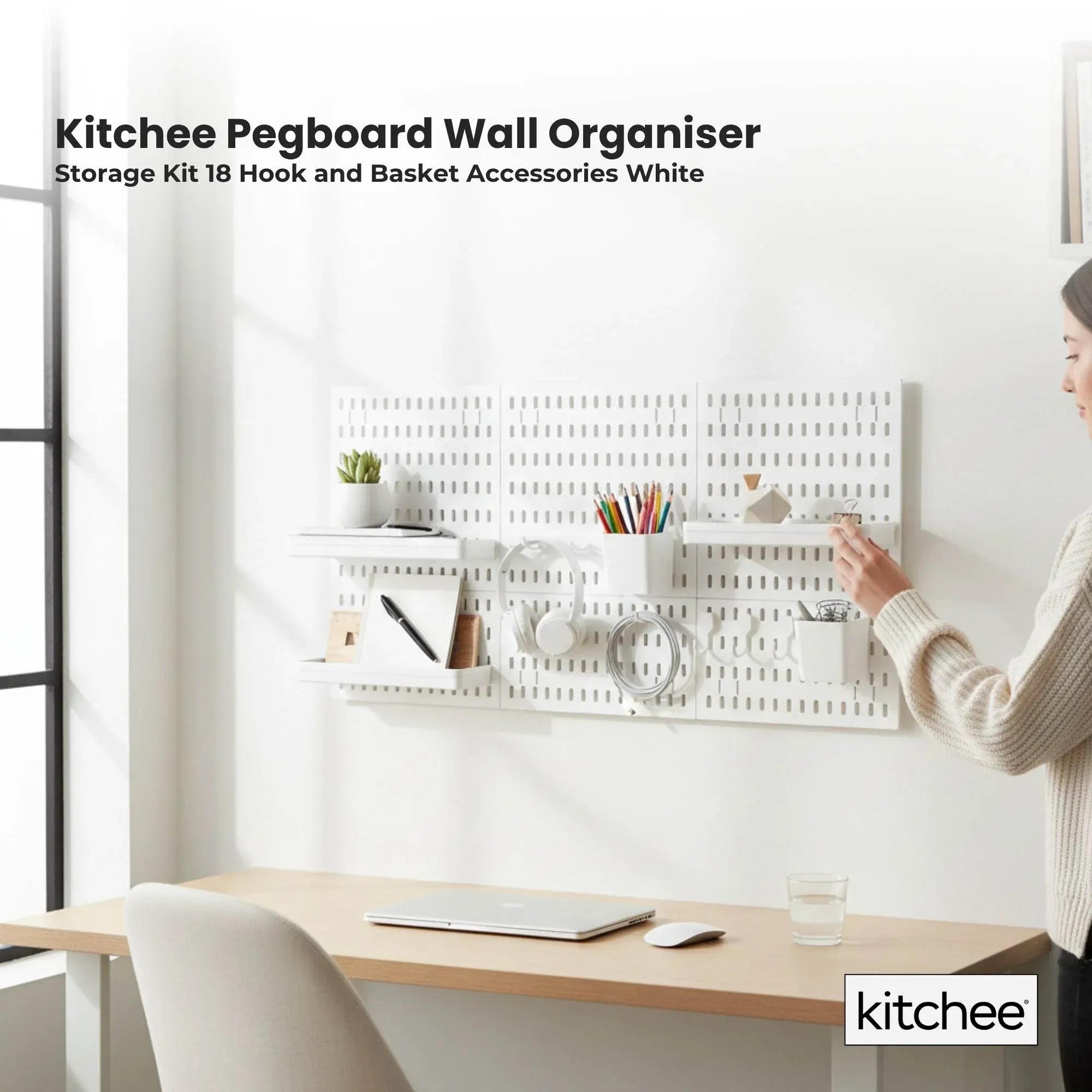 Kitchee Pegboard Wall Organiser Storage Kit 18 Hook and Basket Accessories White V238-SUPDZ-42209007730768