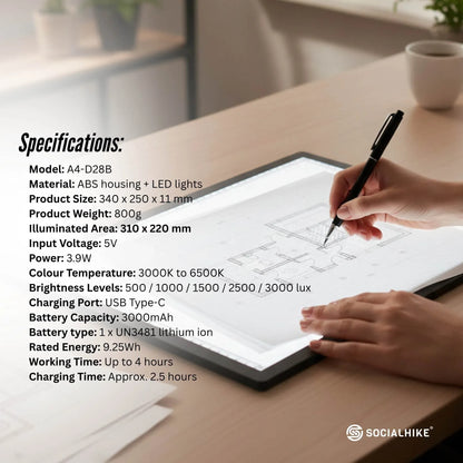 Social Hike A4 LED Light Pad Tracing Board Rechargeable USB-C 3000mAh Light Box V238-SUPDZ-42273306968144