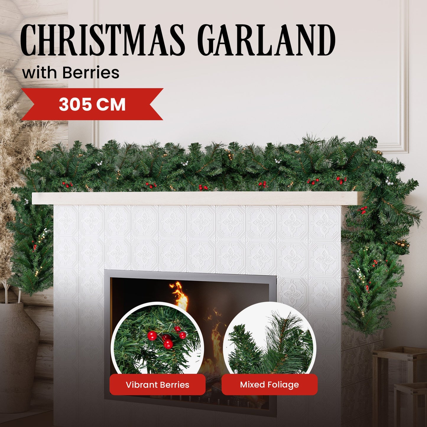 Christabelle 3.05m Christmas Garland with Berries Pine Tree Decoration Ornament V240-112_BHZG10