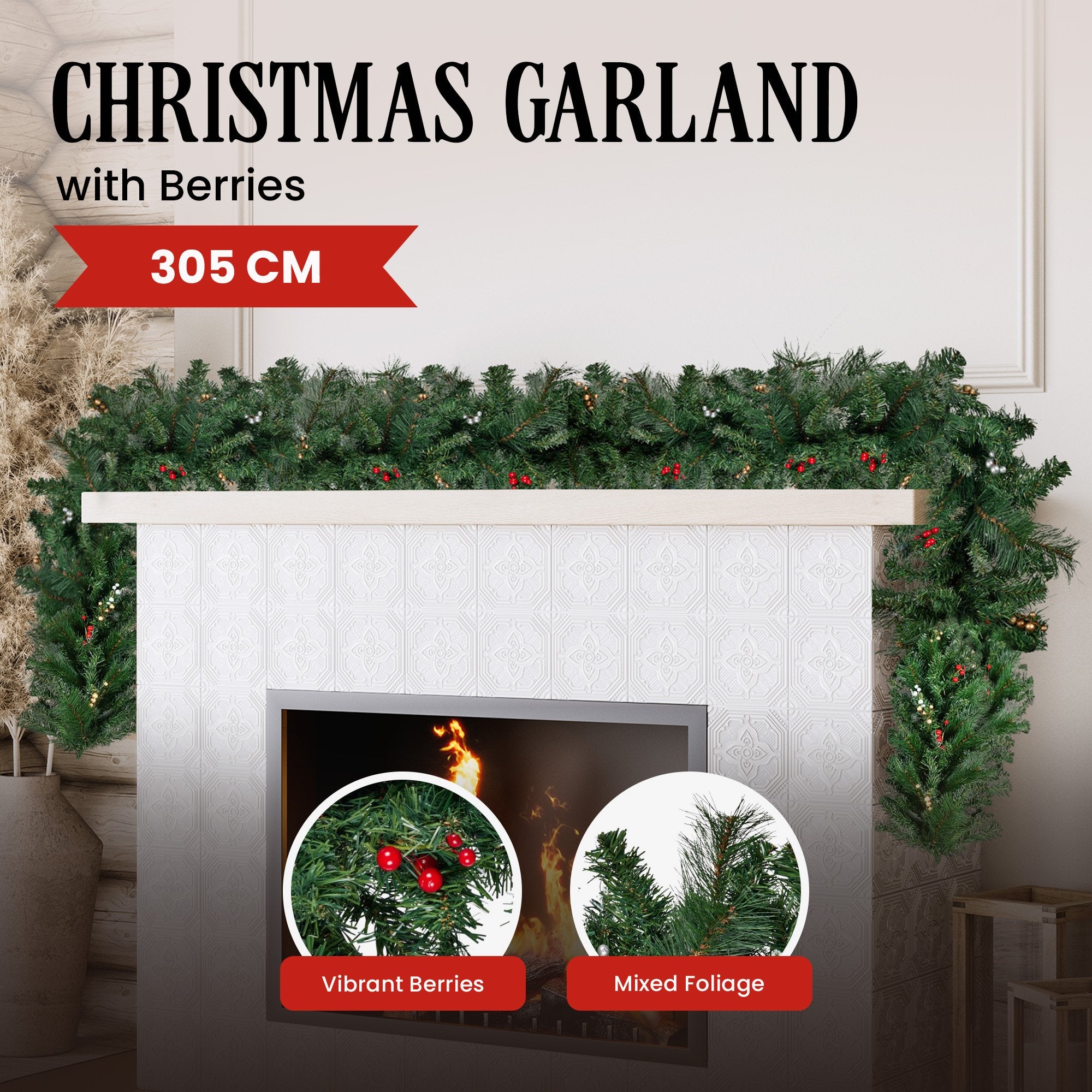 Christabelle 3.05m Christmas Garland with Berries Pine Tree Decoration Ornament V240-112_BHZG10