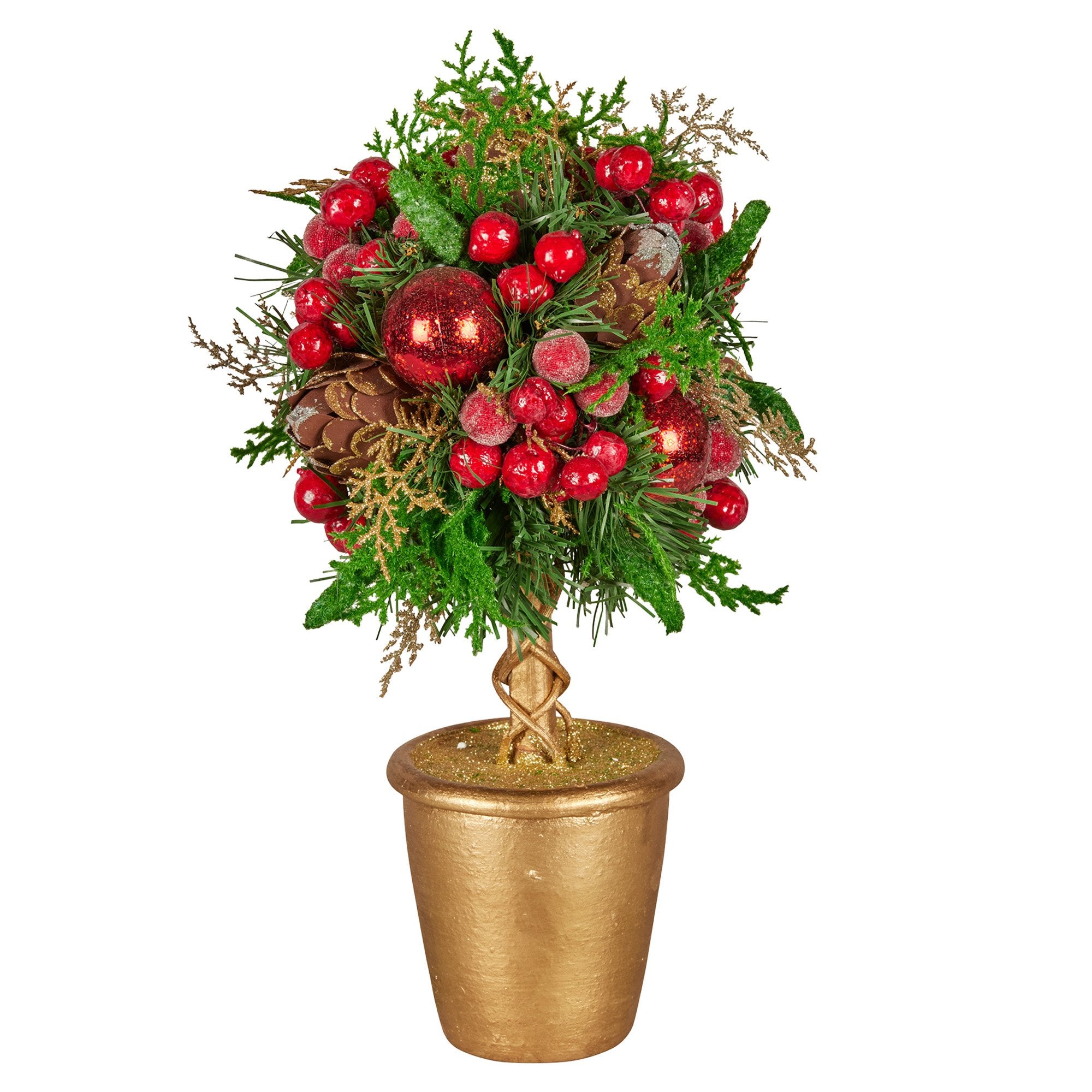 Christabelle 36cm Christmas Tabletop Topiary Tree Pre-Decorated Berries, Baubles & Pine Cones Gold Pot V240-112_GUE504