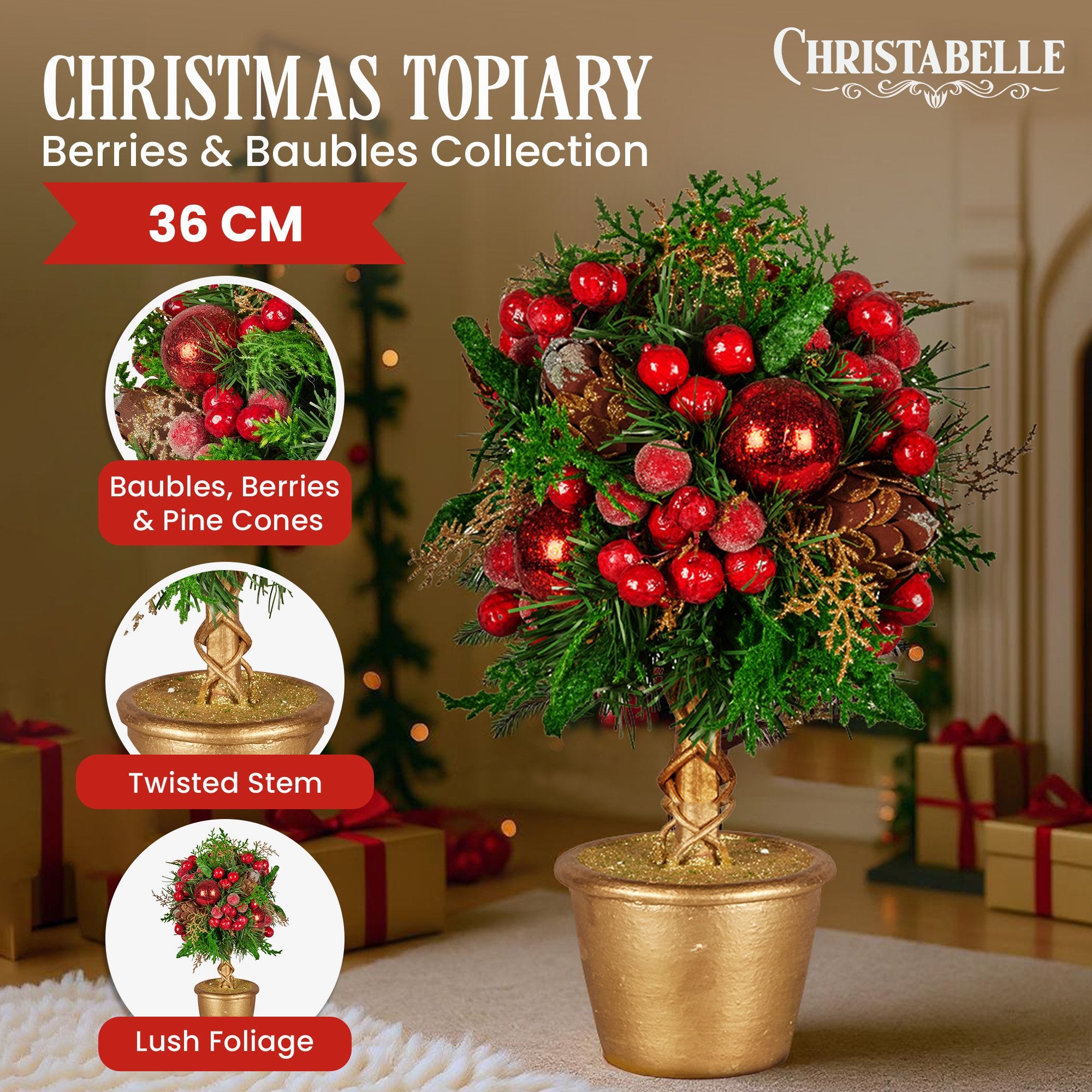 Christabelle 36cm Christmas Tabletop Topiary Tree Pre-Decorated Berries, Baubles & Pine Cones Gold Pot V240-112_GUE504