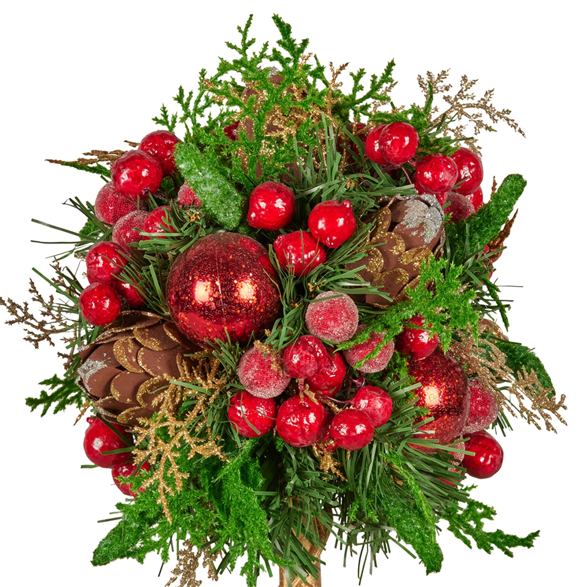 Christabelle 36cm Christmas Tabletop Topiary Tree Pre-Decorated Berries, Baubles & Pine Cones Gold Pot V240-112_GUE504