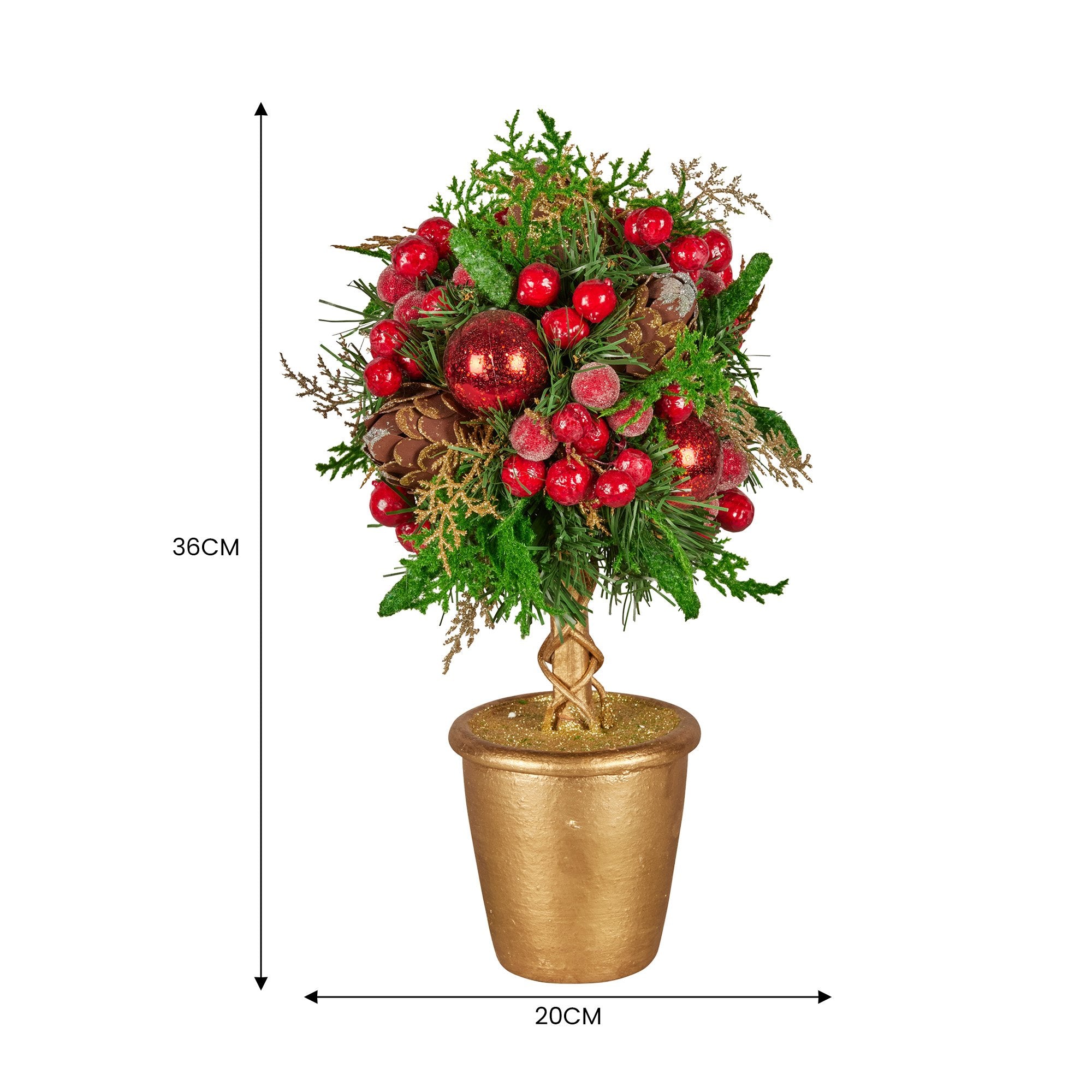 Christabelle 36cm Christmas Tabletop Topiary Tree Pre-Decorated Berries, Baubles & Pine Cones Gold Pot V240-112_GUE504