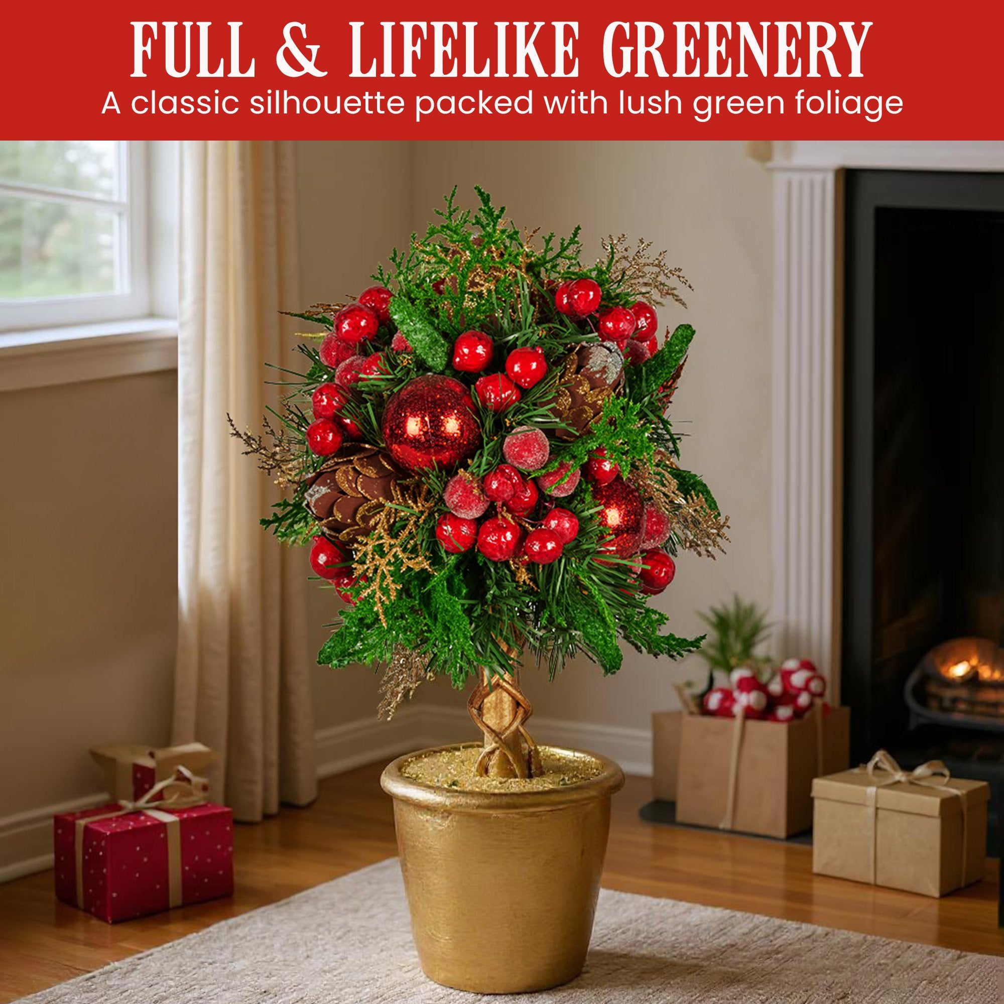 Christabelle 36cm Christmas Tabletop Topiary Tree Pre-Decorated Berries, Baubles & Pine Cones Gold Pot V240-112_GUE504