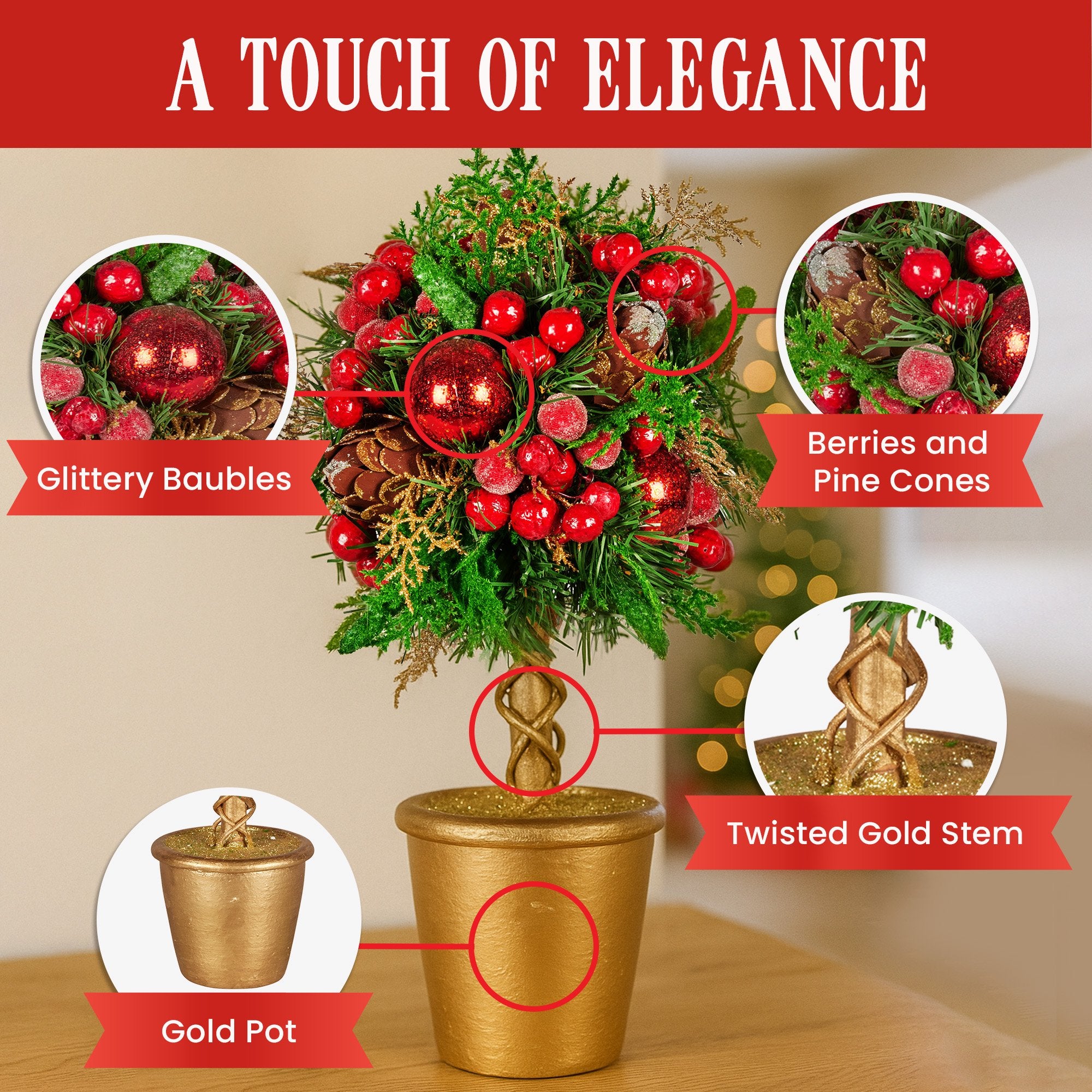 Christabelle 36cm Christmas Tabletop Topiary Tree Pre-Decorated Berries, Baubles & Pine Cones Gold Pot V240-112_GUE504