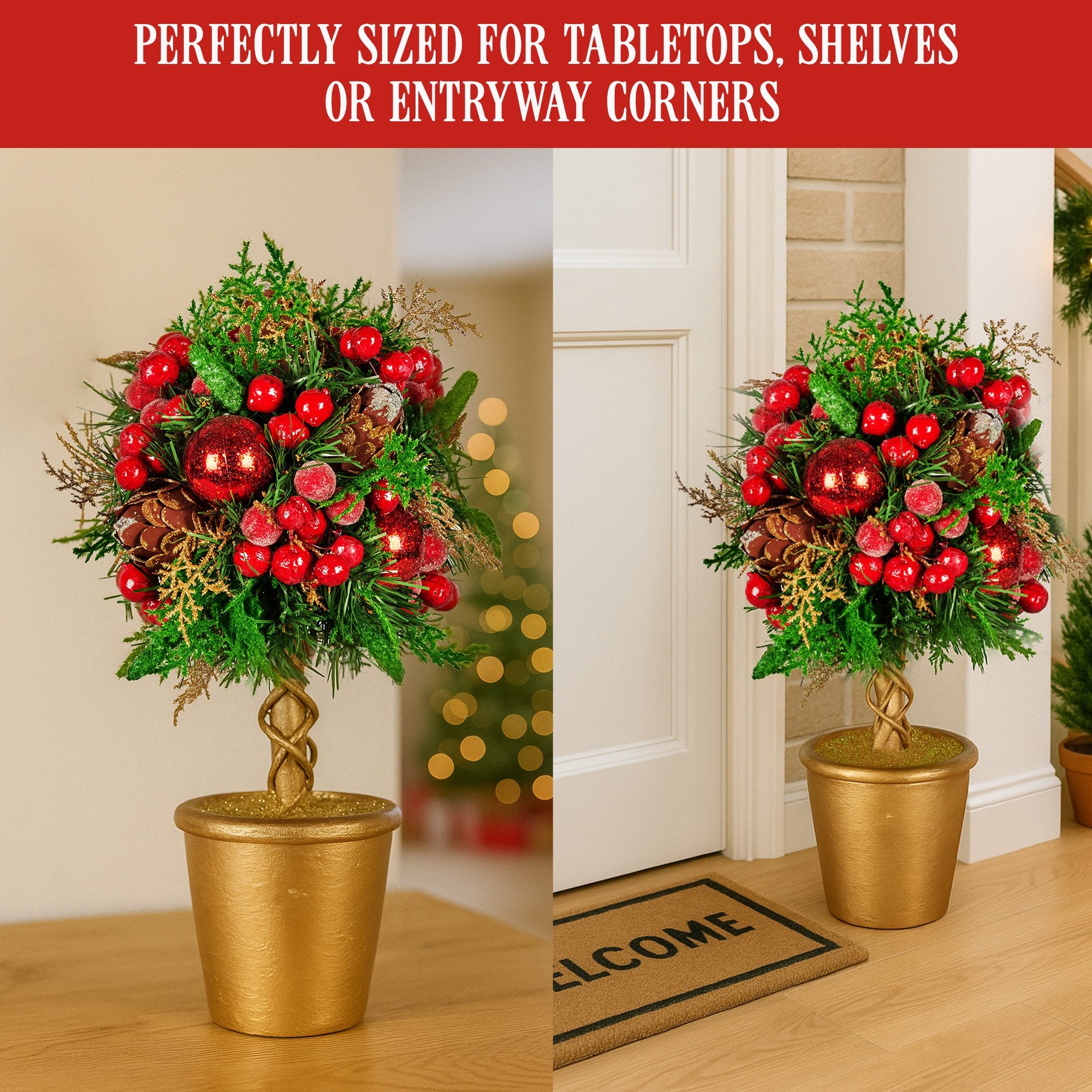 Christabelle 36cm Christmas Tabletop Topiary Tree Pre-Decorated Berries, Baubles & Pine Cones Gold Pot V240-112_GUE504