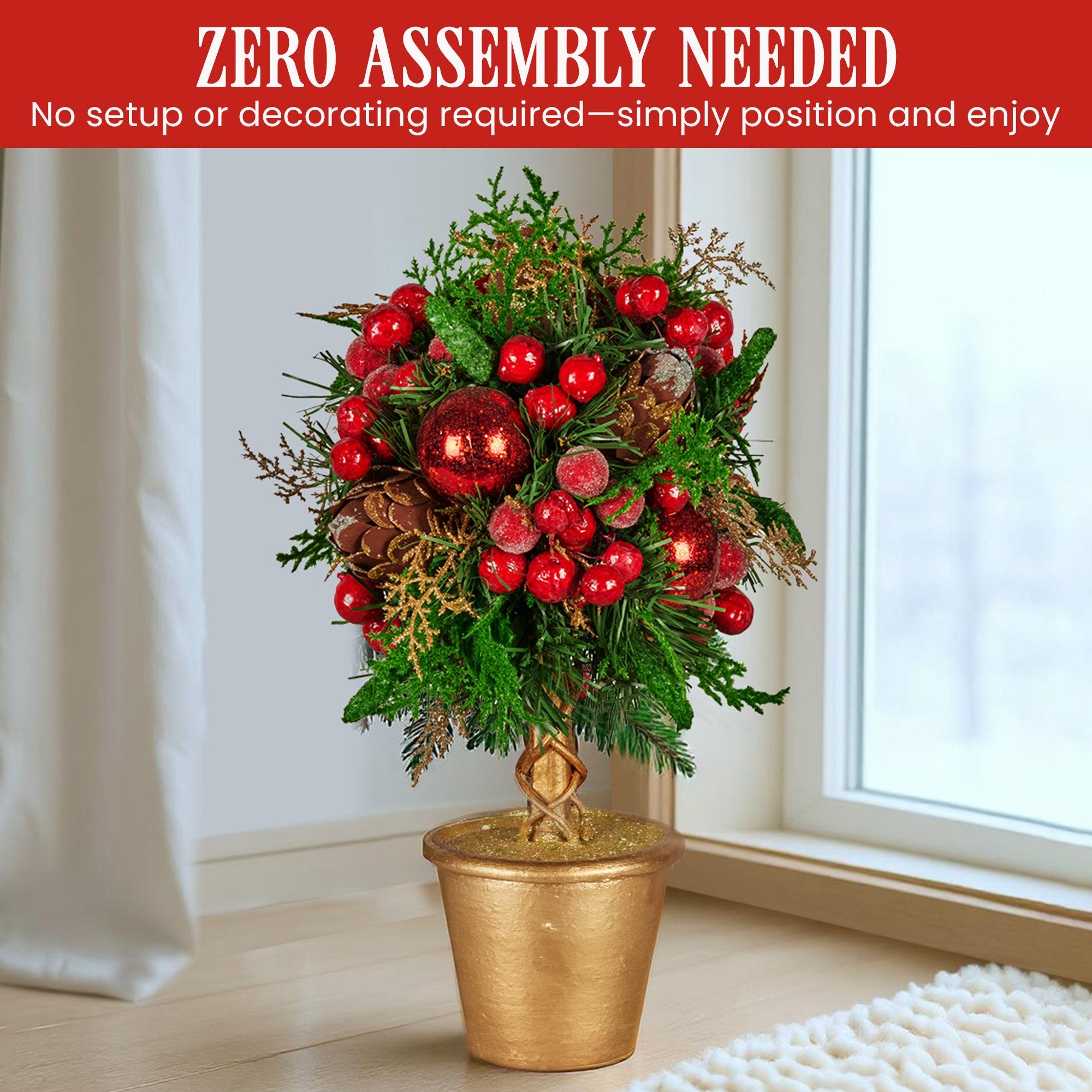 Christabelle 36cm Christmas Tabletop Topiary Tree Pre-Decorated Berries, Baubles & Pine Cones Gold Pot V240-112_GUE504