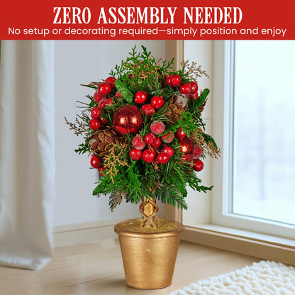 Christabelle 36cm Christmas Tabletop Topiary Tree Pre-Decorated Berries, Baubles & Pine Cones Gold Pot V240-112_GUE504